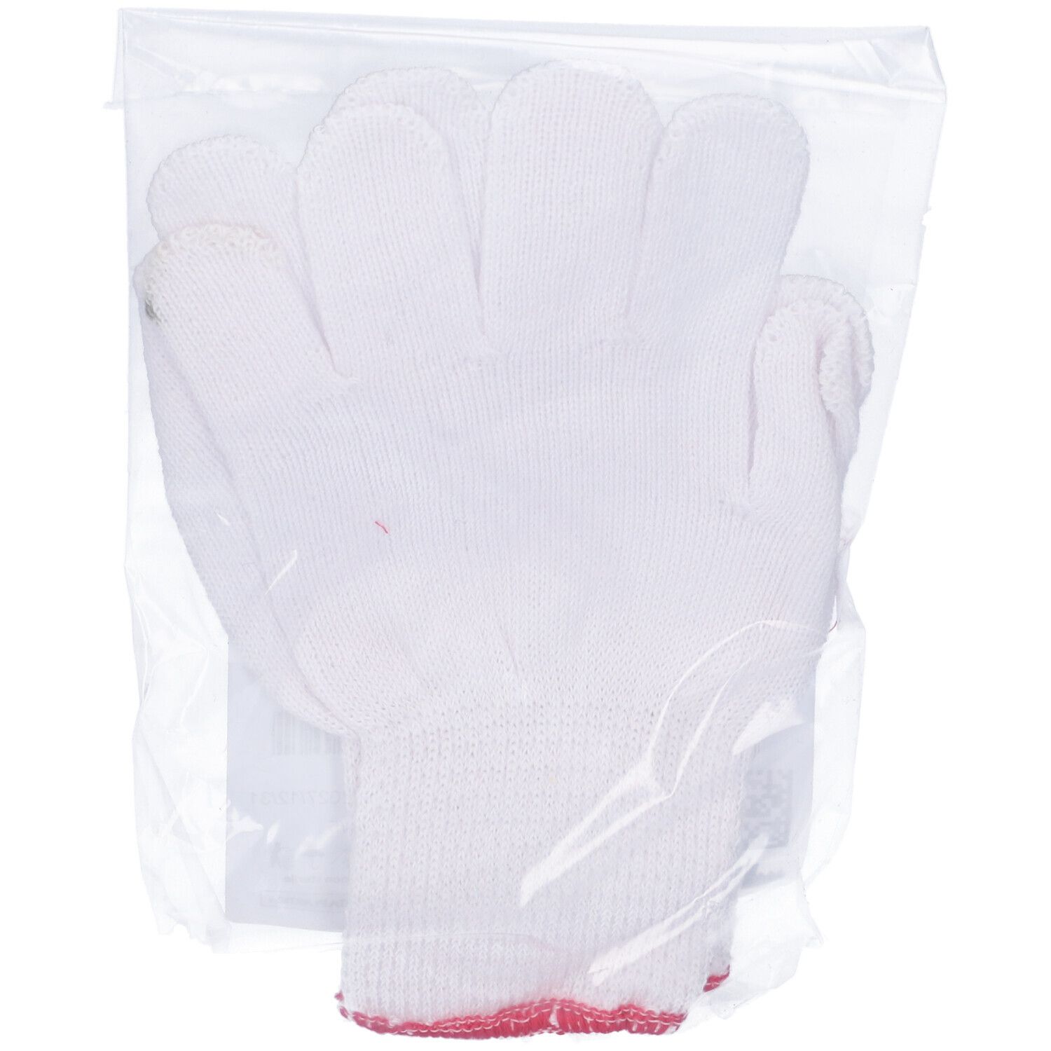 Guanto bianco in cotone in confezione di plastica. Orlo rosso al polso. Forma delle dita visibile.
