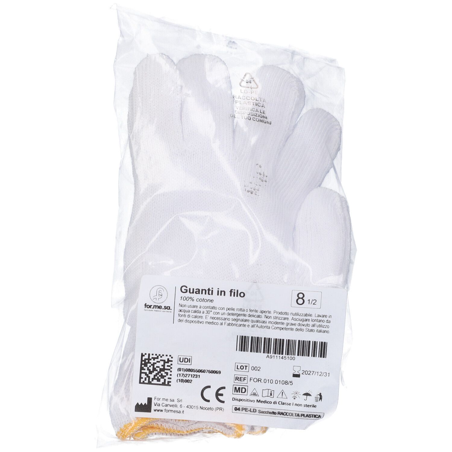 Guanto Ambidestro In Cotone Monofilo Bianco Per Allergie Dermatologiche Senza Cuciture Polsino Elastico Larghezza 65 Mm 8,5 1 Paio