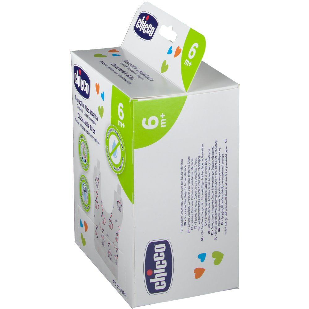 Confezione di bavaglini usa e getta Chicco 6m+. Scatola bianca con logo e immagine del prodotto. Apertura superiore.