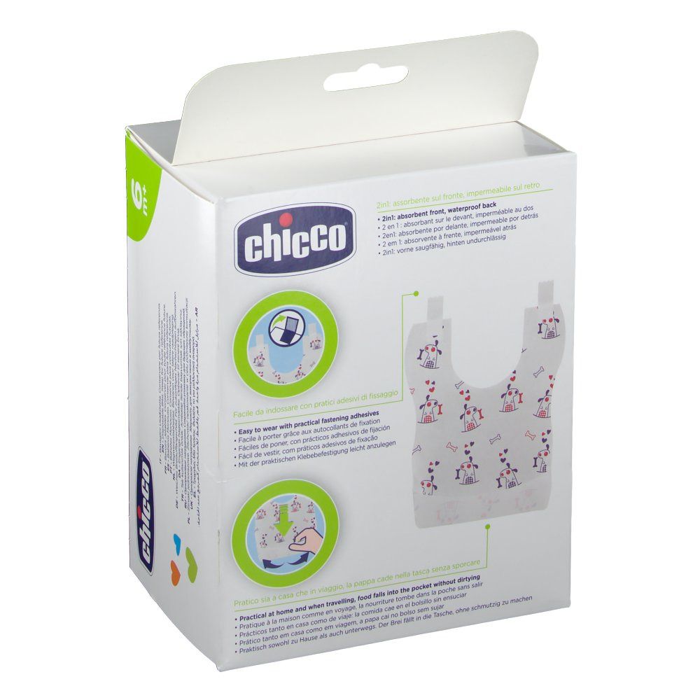 Retro della confezione con informazioni sul prodotto. Illustrazioni delle caratteristiche. Marchio Chicco. 6m+.