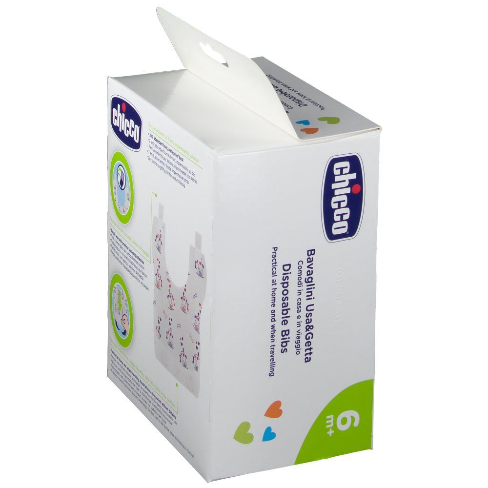 Confezione di bavaglini usa e getta Chicco 6m+. Scatola bianca con logo e immagine del prodotto. Apertura superiore.