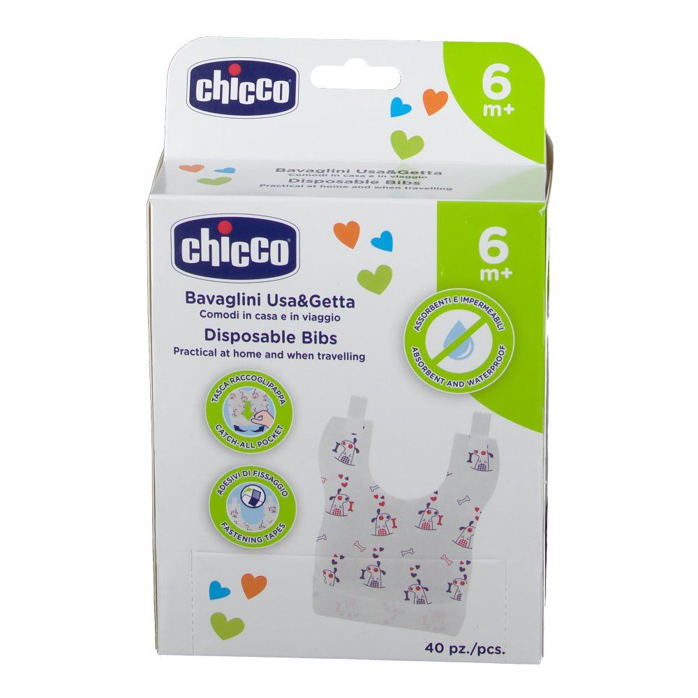 Confezione di bavaglini usa e getta Chicco 6m+. Scatola bianca con logo e immagine del prodotto. Apertura superiore.