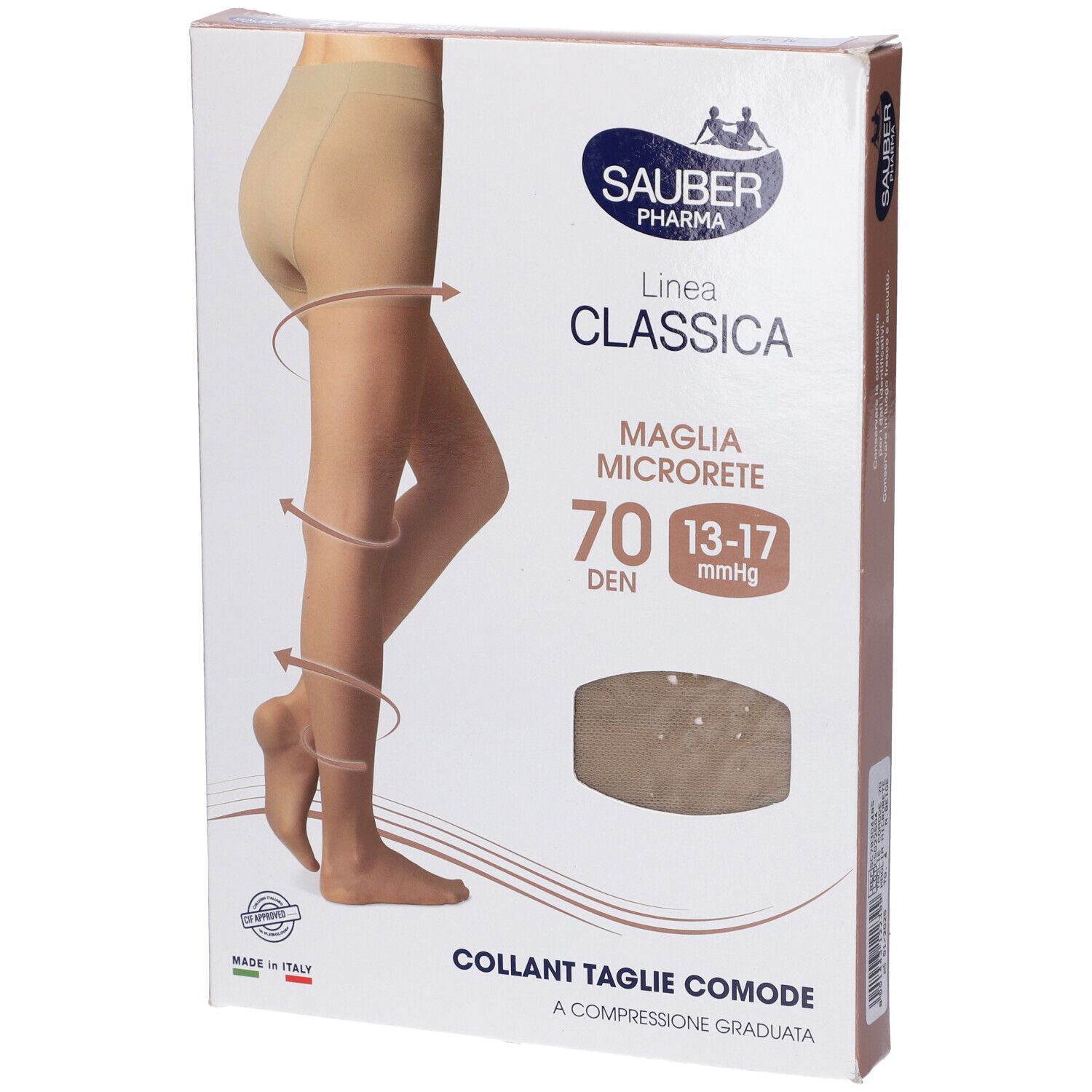 Collant beige in confezione. Sauber Pharma, linea Classica, 70 den, Taglie Comode. A compressione graduata.
