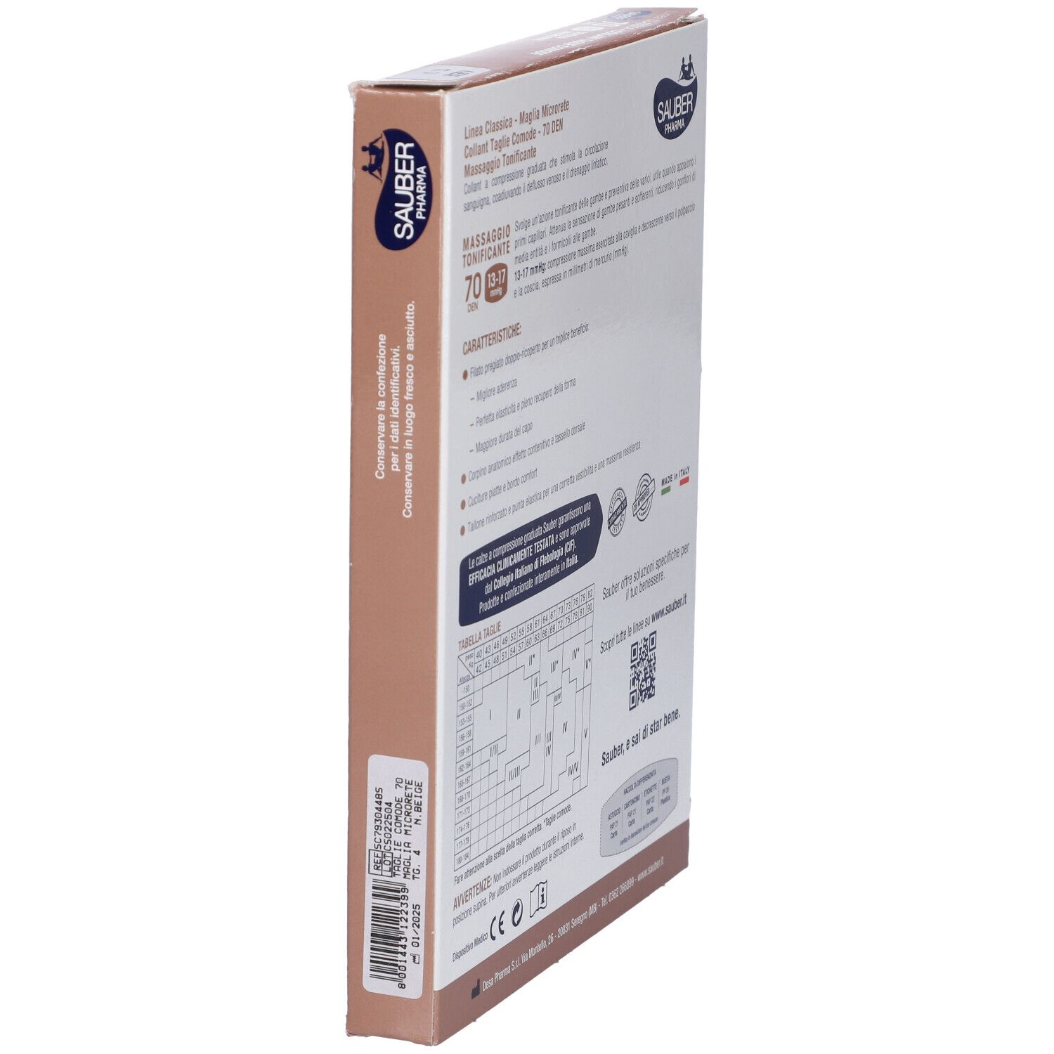 Confezione con informazioni. Sauber Classica, 70 den, Taglie Comode. A compressione graduata. Marca Sauber Pharma.
