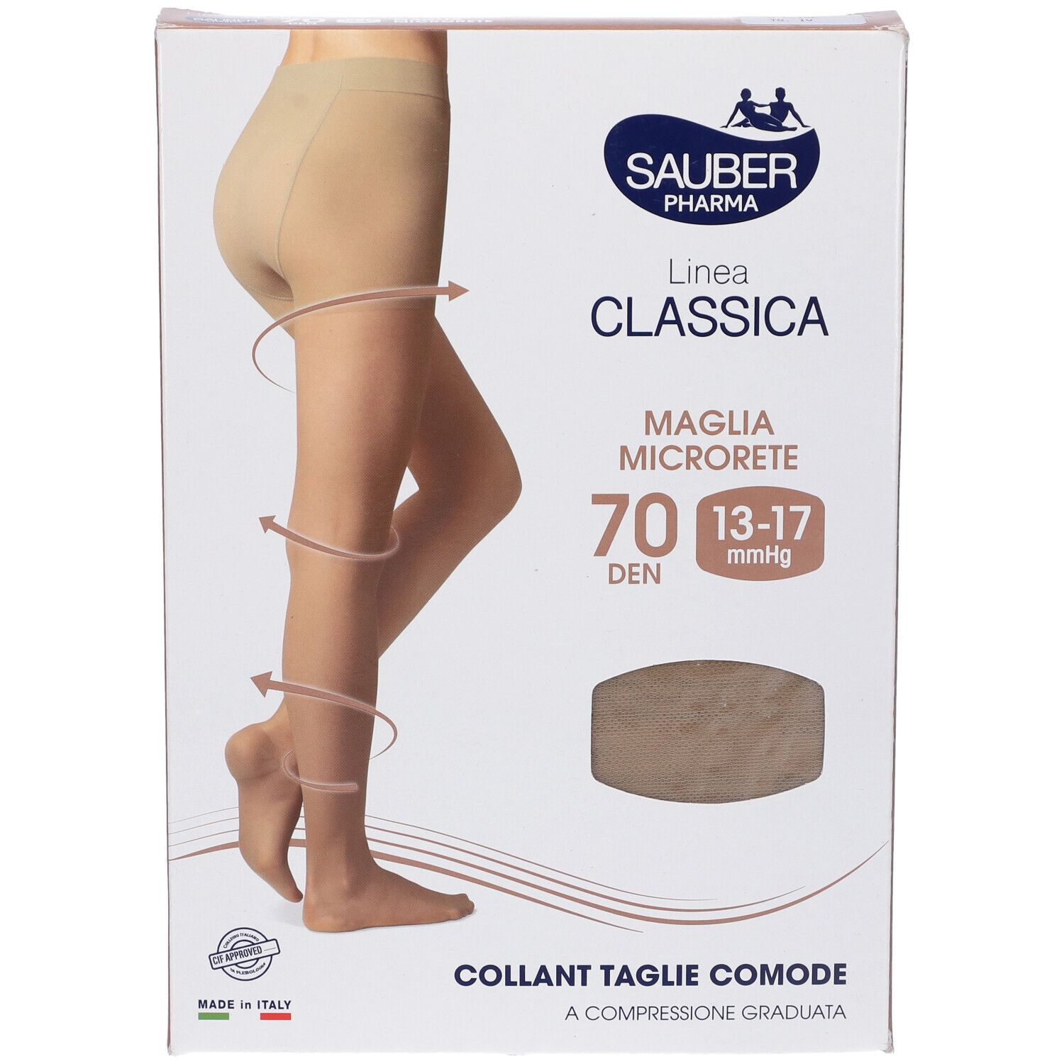 Collant beige in confezione. Sauber Pharma, linea Classica, 70 den, Taglie Comode. A compressione graduata.