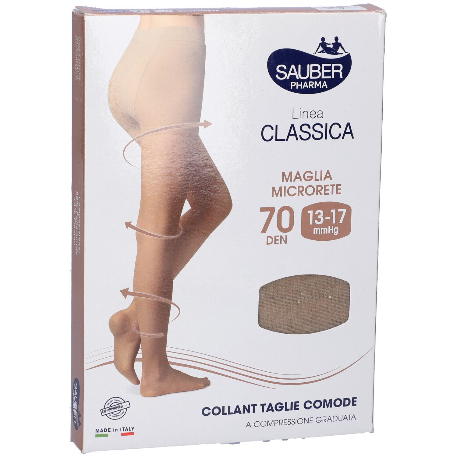 Collant beige in confezione. Sauber Pharma, linea Classica, 70 den, Taglie Comode. A compressione graduata.