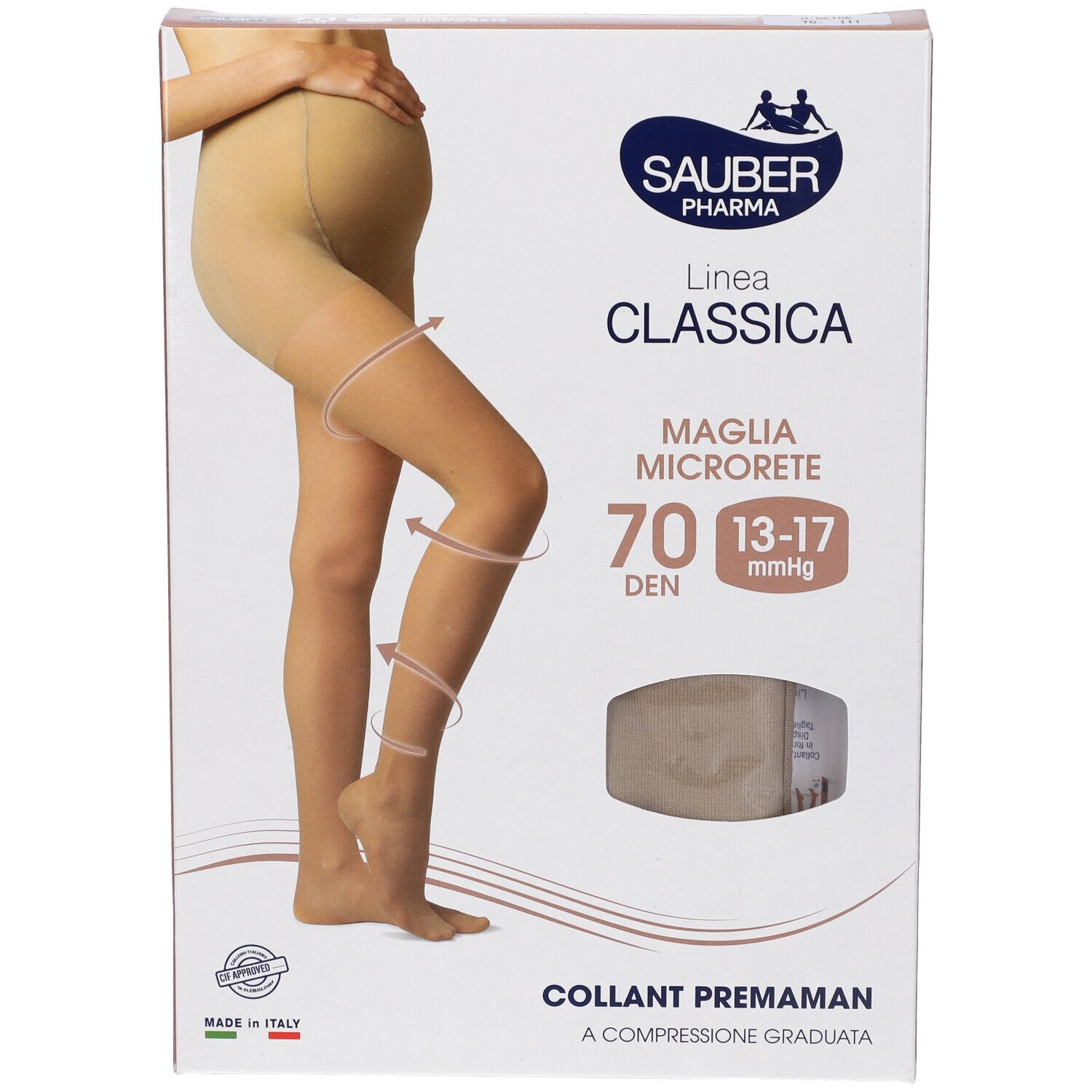Confezione collant premaman beige 70 denari. Marca Sauber Pharma, linea Classica. Maglia microrete.