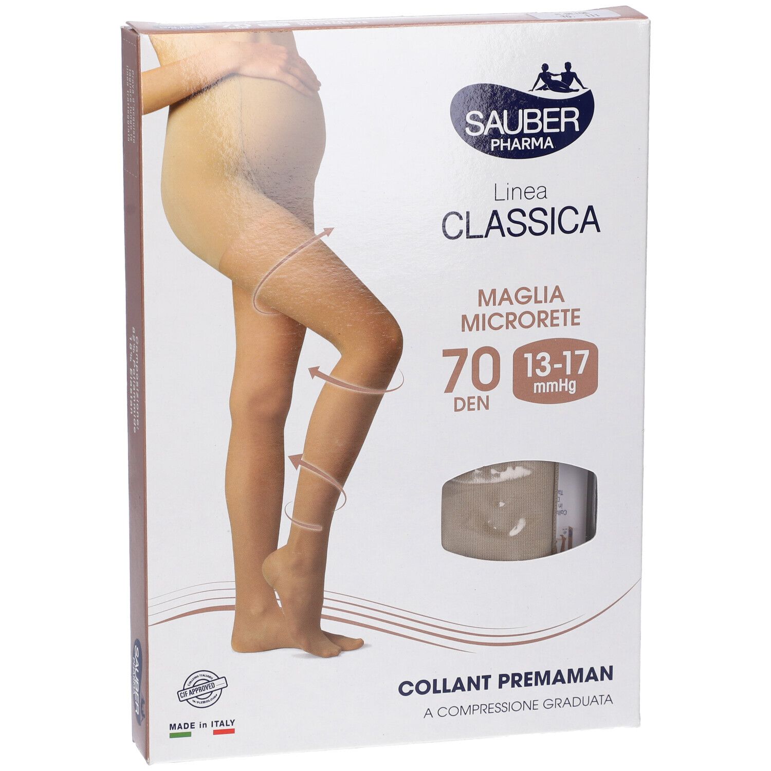 Confezione collant premaman beige 70 denari. Marca Sauber Pharma, linea Classica. Maglia microrete.