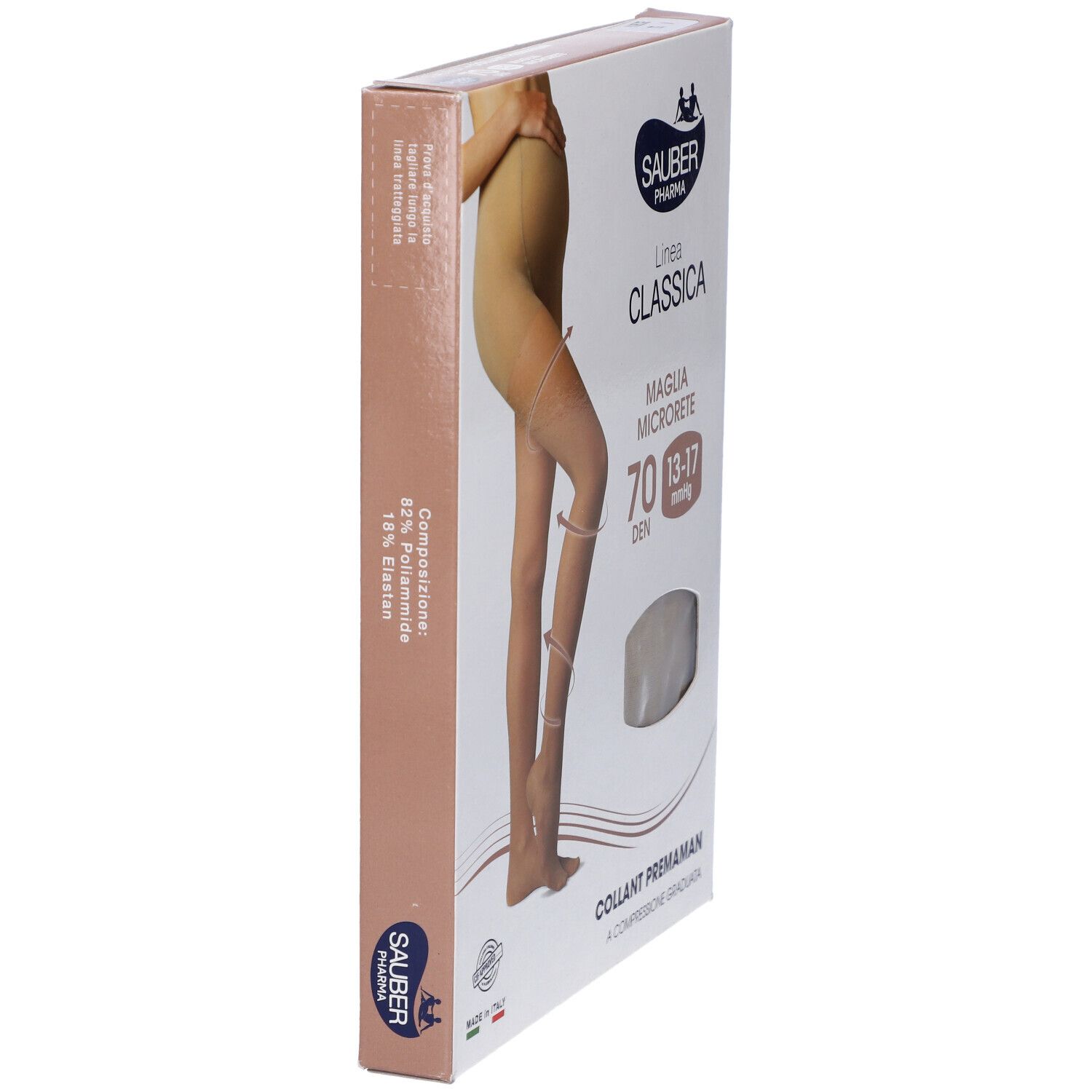 Lato confezione. Collant Sauber Classica Premaman 70 Den. Composizione: 82% poliammide, 18% elastan. Made in Italy.