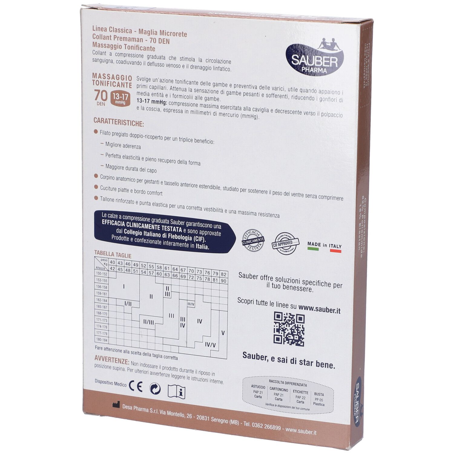 Retro confezione. Sauber Pharma, Classica Premaman. Informazioni, tabella taglie. Made in Italy. Codice QR.