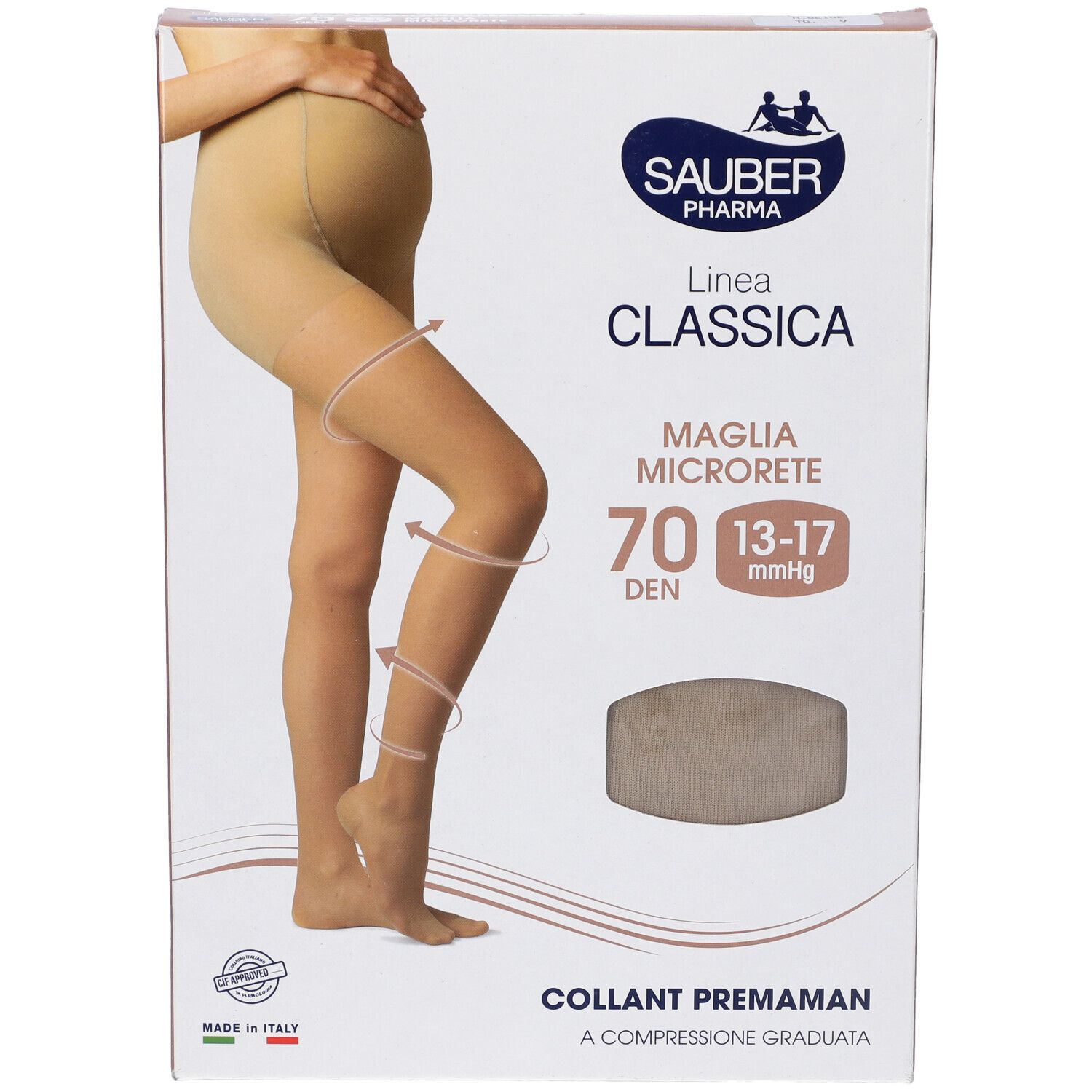Confezione collant premaman Sauber Classica 70 Den beige. Immagine di donna. Dettagli: Maglia Microrete, 13-17 mmHg.