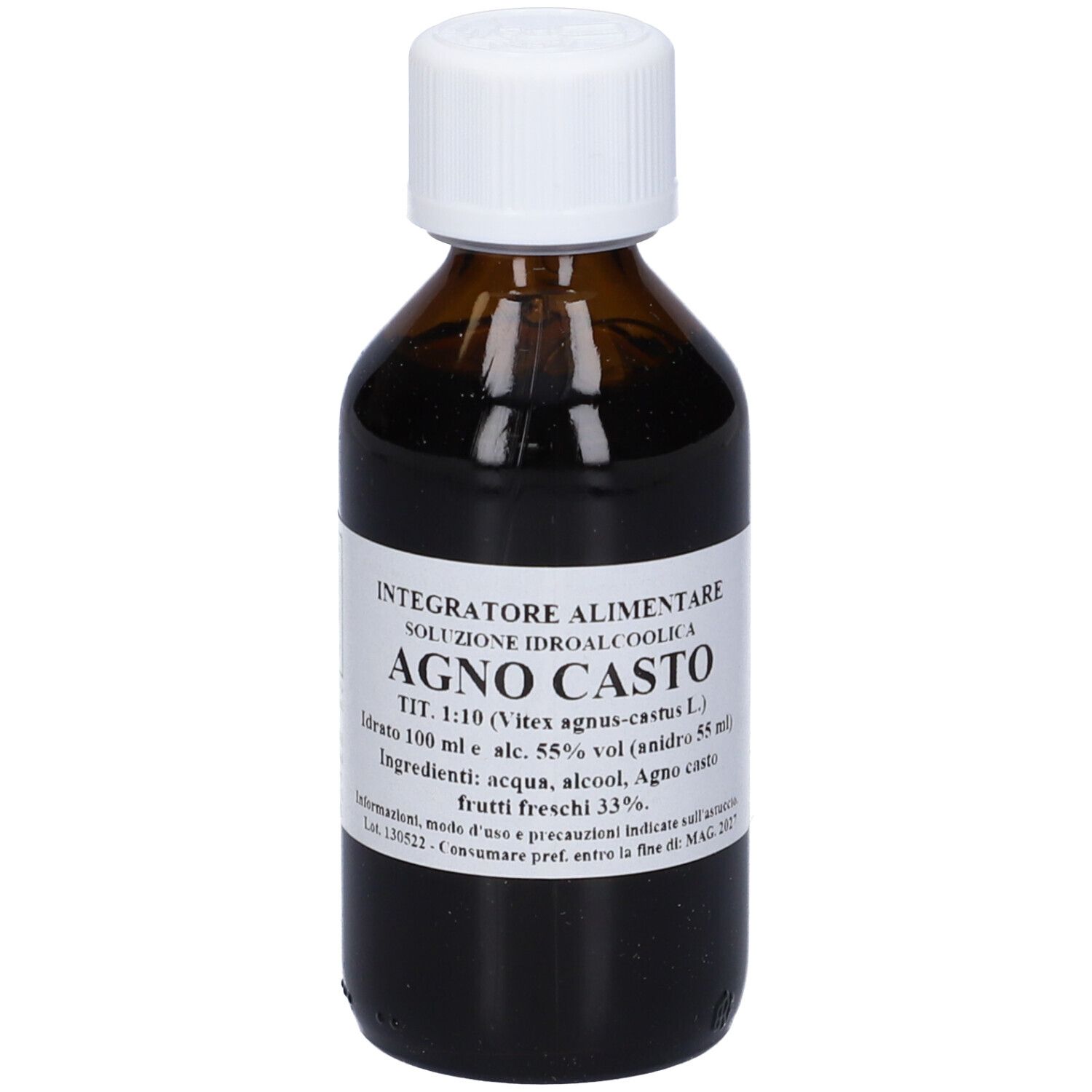 Flacone di vetro marrone con tappo bianco ed etichetta. Testo: Agno Casto, soluzione idroalcolica.