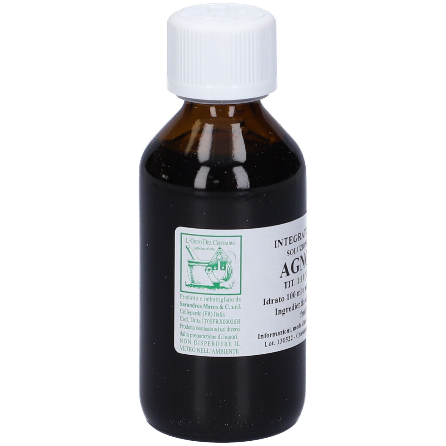 Flacone di vetro marrone con tappo bianco ed etichetta. Testo: Agno Casto, soluzione idroalcolica.