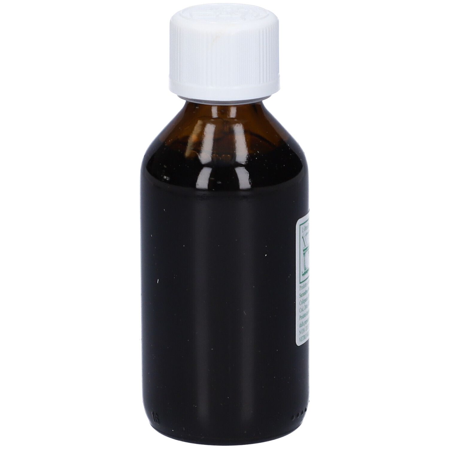 Flacone di vetro marrone con tappo bianco ed etichetta. Testo: Agno Casto, soluzione idroalcolica.