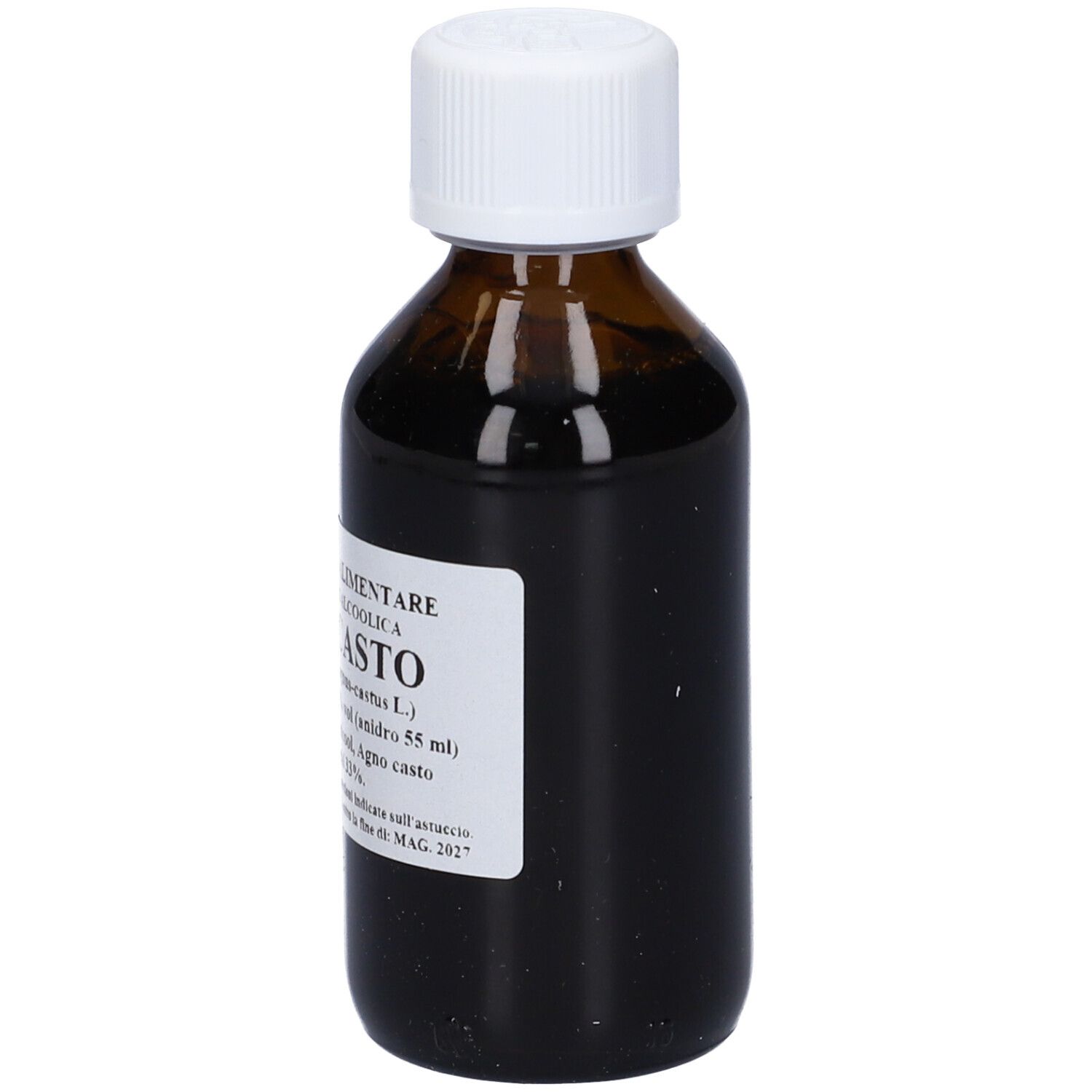Flacone di vetro marrone con tappo bianco ed etichetta. Testo: Agno Casto, soluzione idroalcolica.