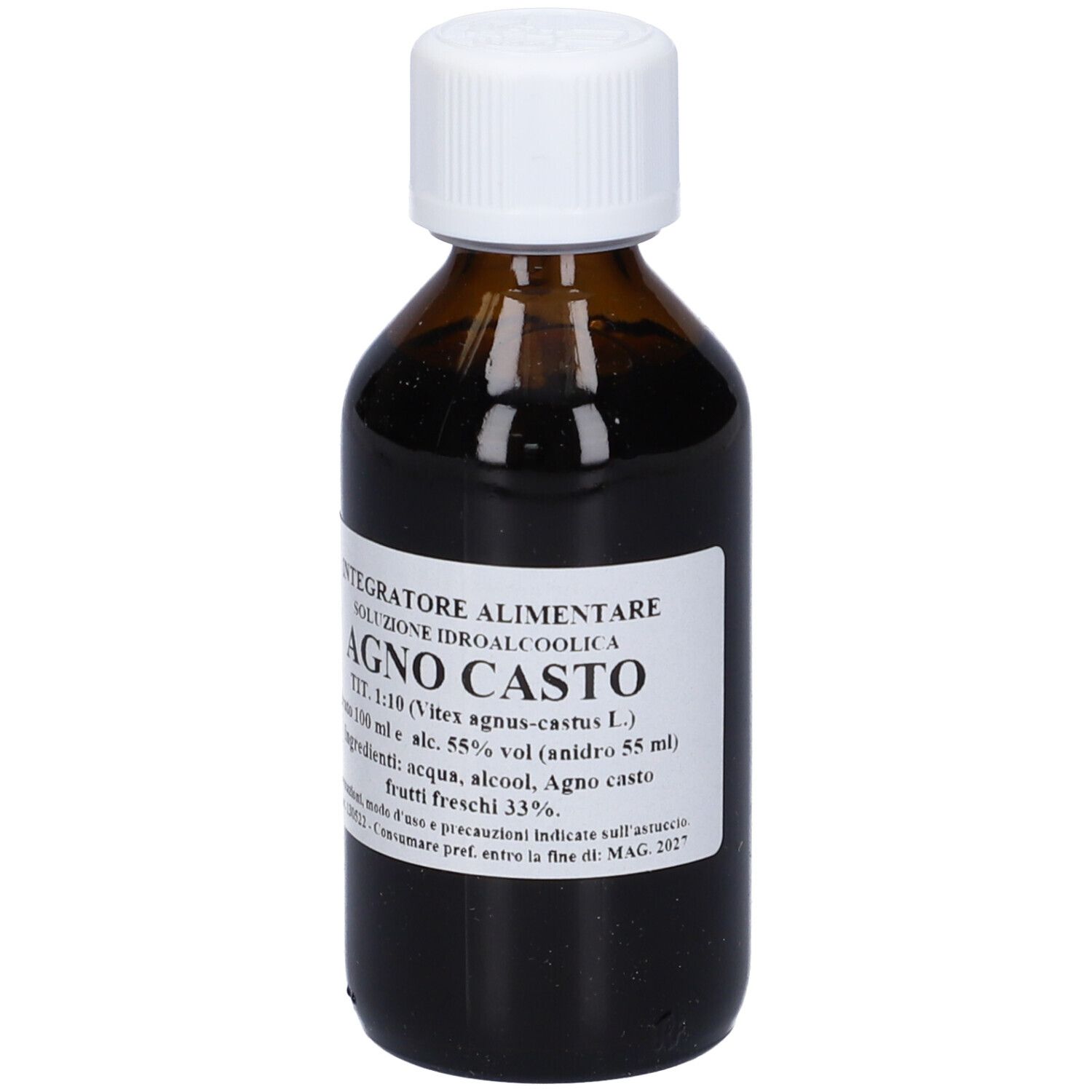Flacone di vetro marrone con tappo bianco ed etichetta. Testo: Agno Casto, soluzione idroalcolica.