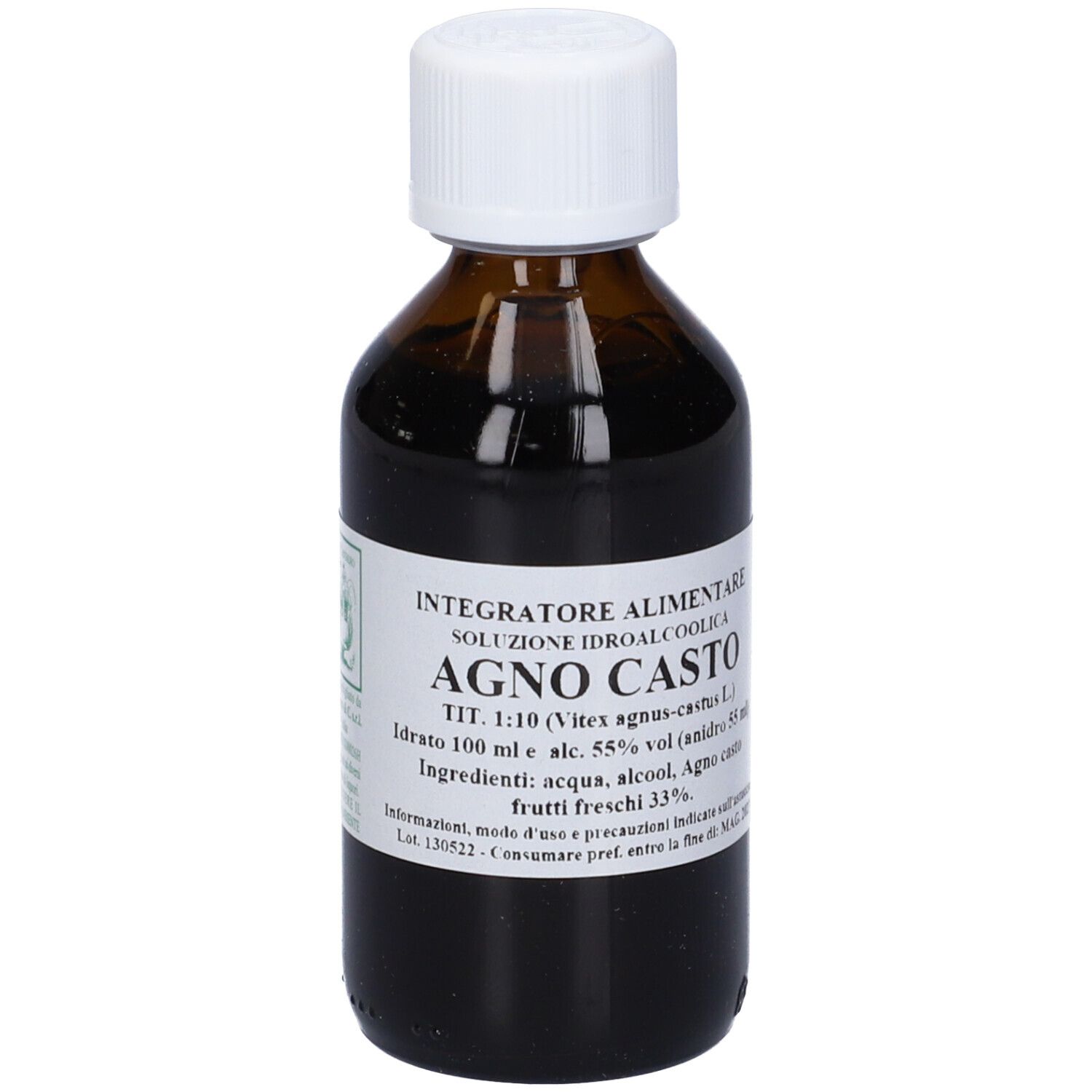 Flacone di vetro marrone con tappo bianco ed etichetta. Testo: Agno Casto, soluzione idroalcolica.