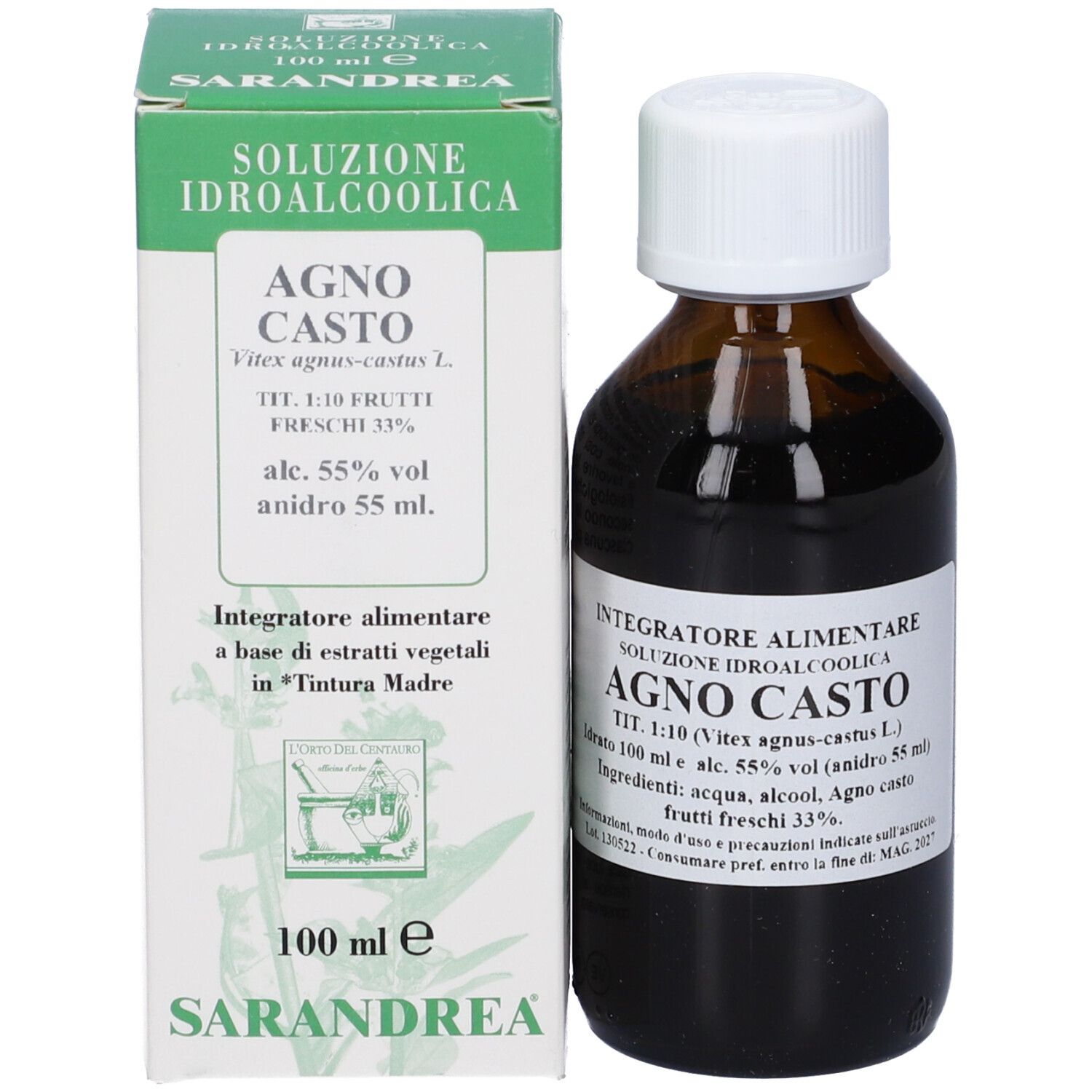 Flacone di vetro marrone con tappo bianco ed etichetta, accanto a una scatola. Testo: Agno Casto, soluzione idroalcolica.