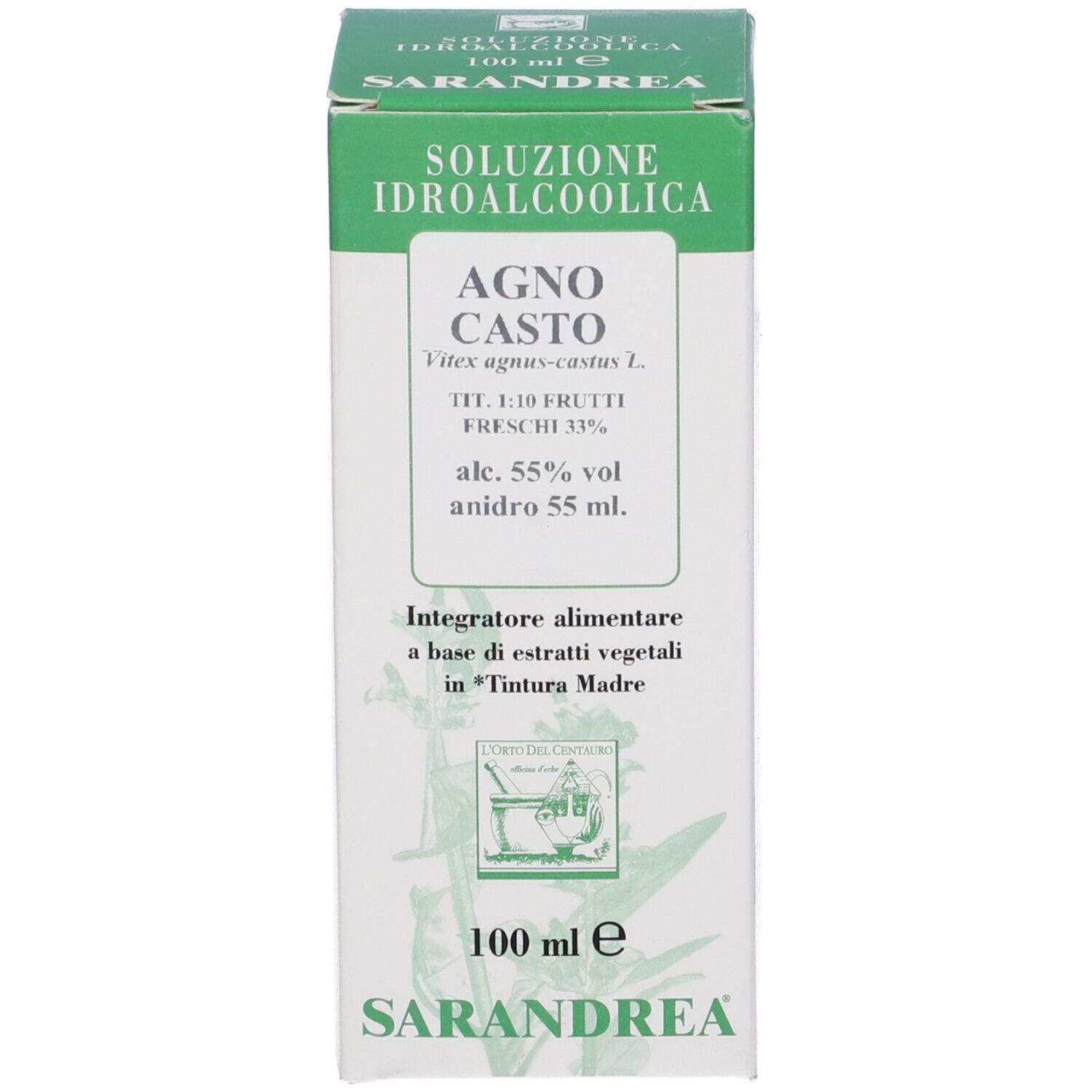 Scatola blu con informazioni sul prodotto. Testo: Agno Casto, soluzione idroalcolica, 100 ml, Sarandrea.