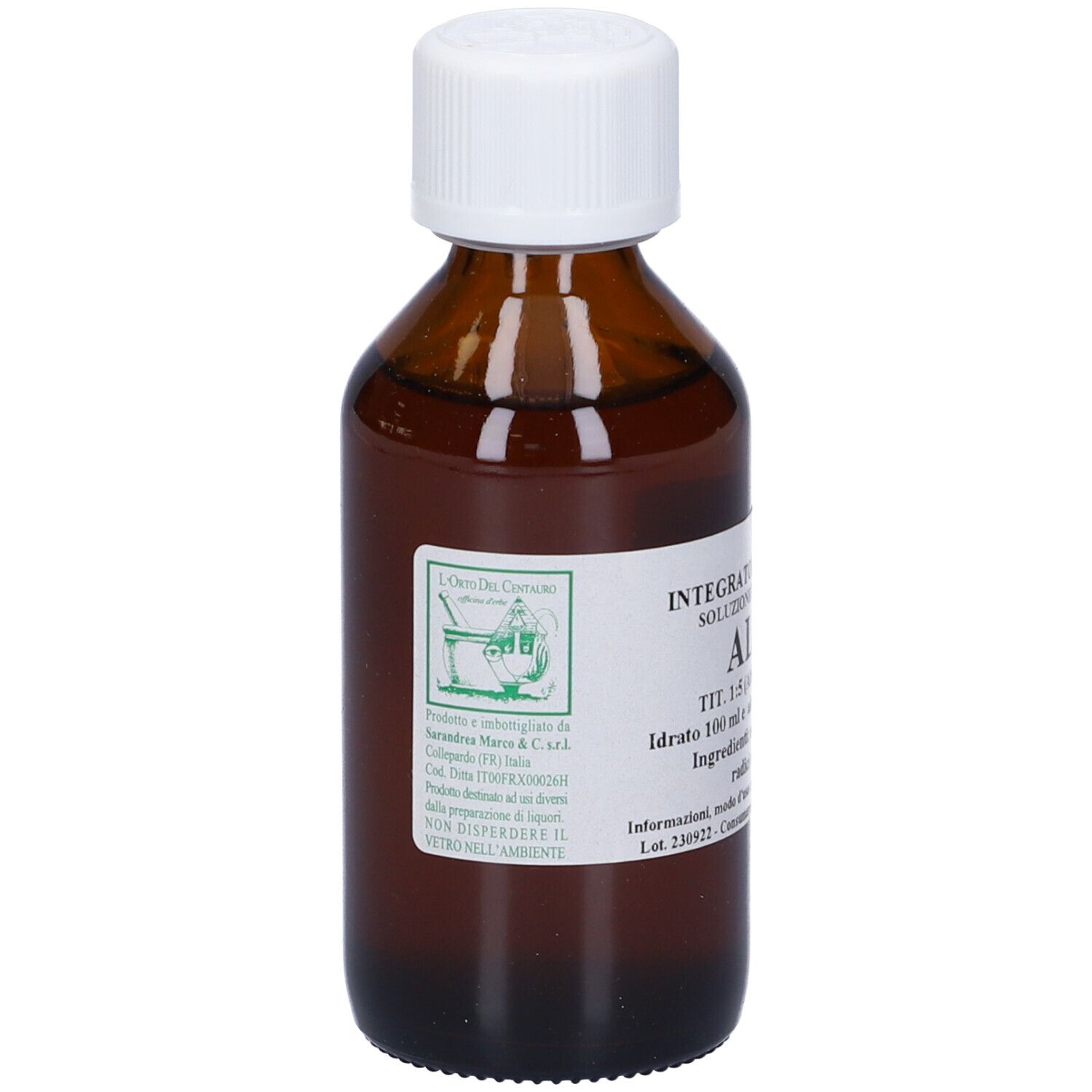 Flacone di vetro marrone con tappo bianco ed etichetta. Testo in italiano sull'etichetta.