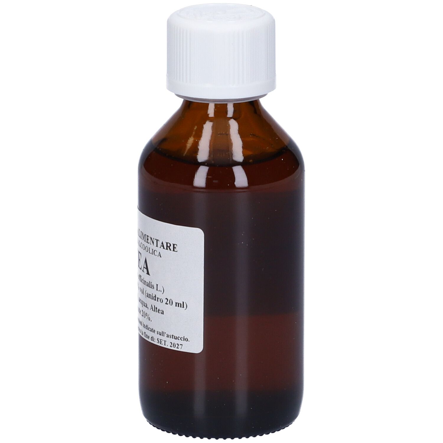 Flacone di vetro marrone con tappo bianco ed etichetta. Testo in italiano sull'etichetta.