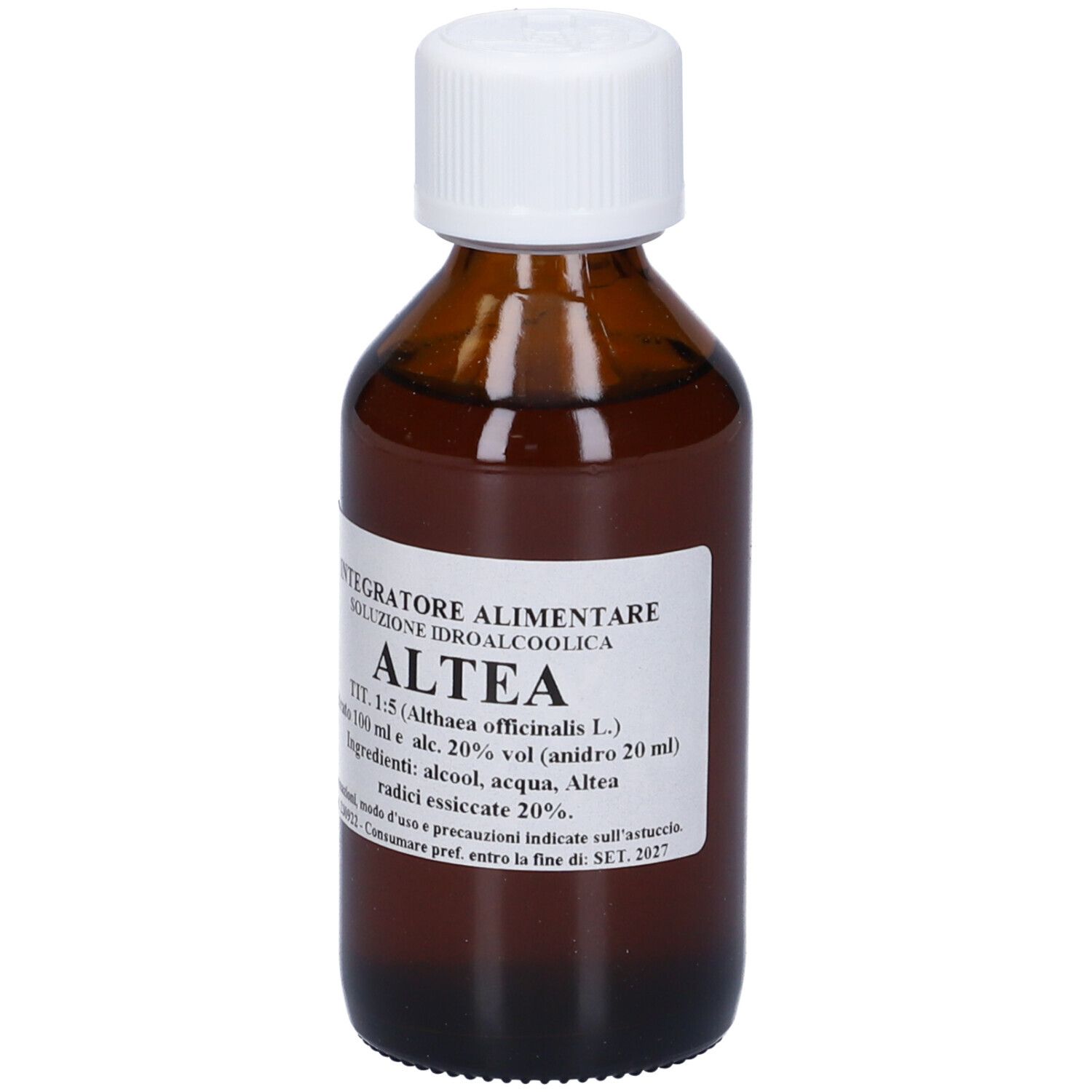 Flacone di vetro marrone con tappo bianco ed etichetta. Testo in italiano sull'etichetta.