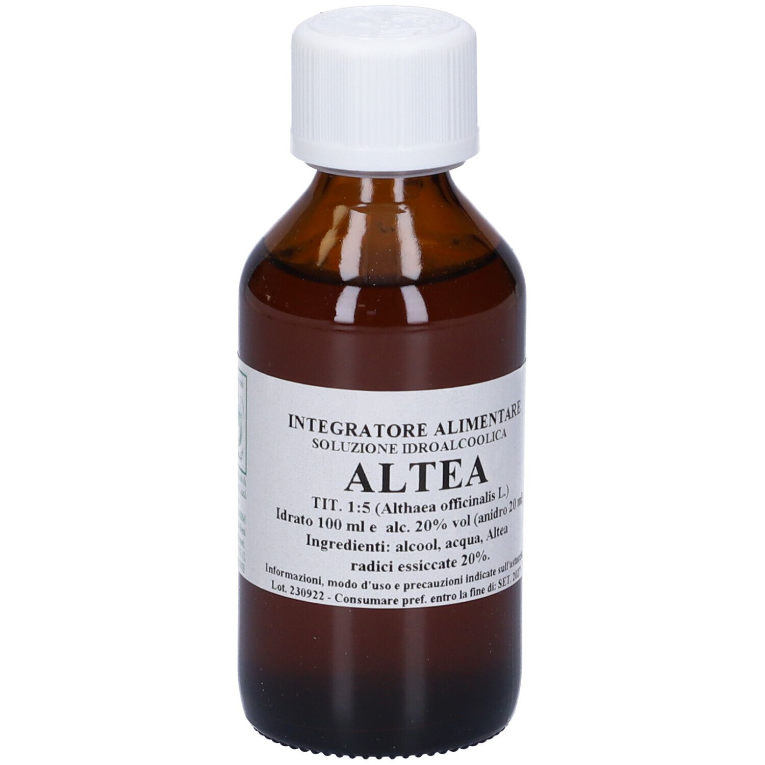 Flacone di vetro marrone con tappo bianco ed etichetta. Testo in italiano sull'etichetta.