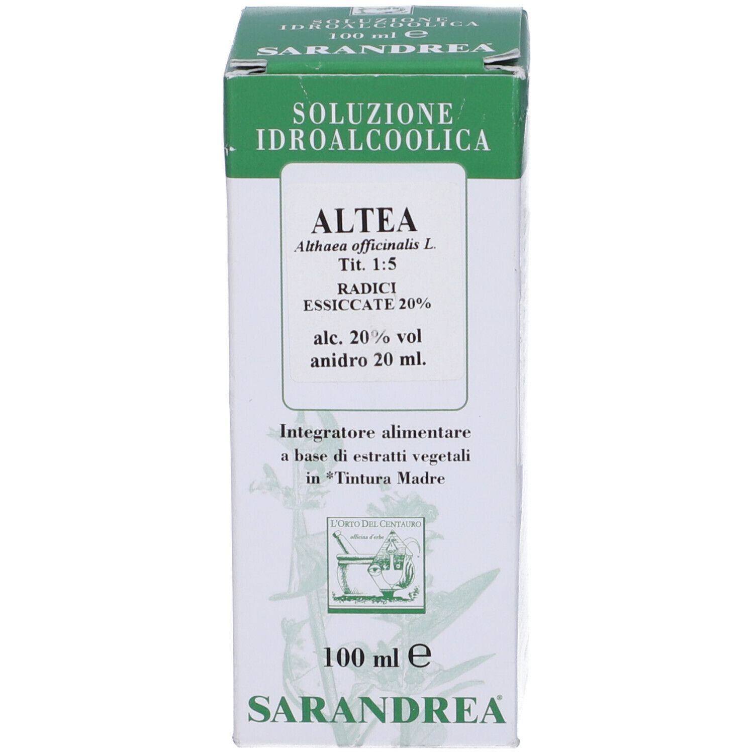 Scatola verde e bianca con testo. Sulla scatola è raffigurato un flacone di vetro marrone con tappo bianco.