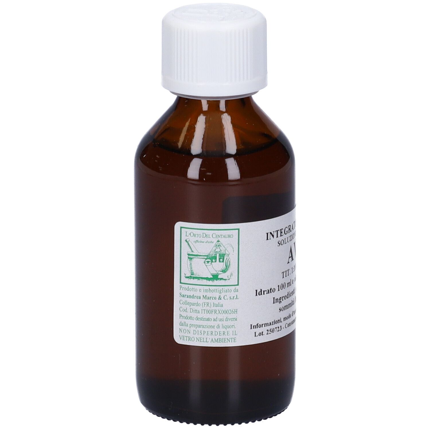 Flacone di vetro marrone con tappo bianco. Etichetta con testo: Avena, soluzione, ingredienti, 100 ml.