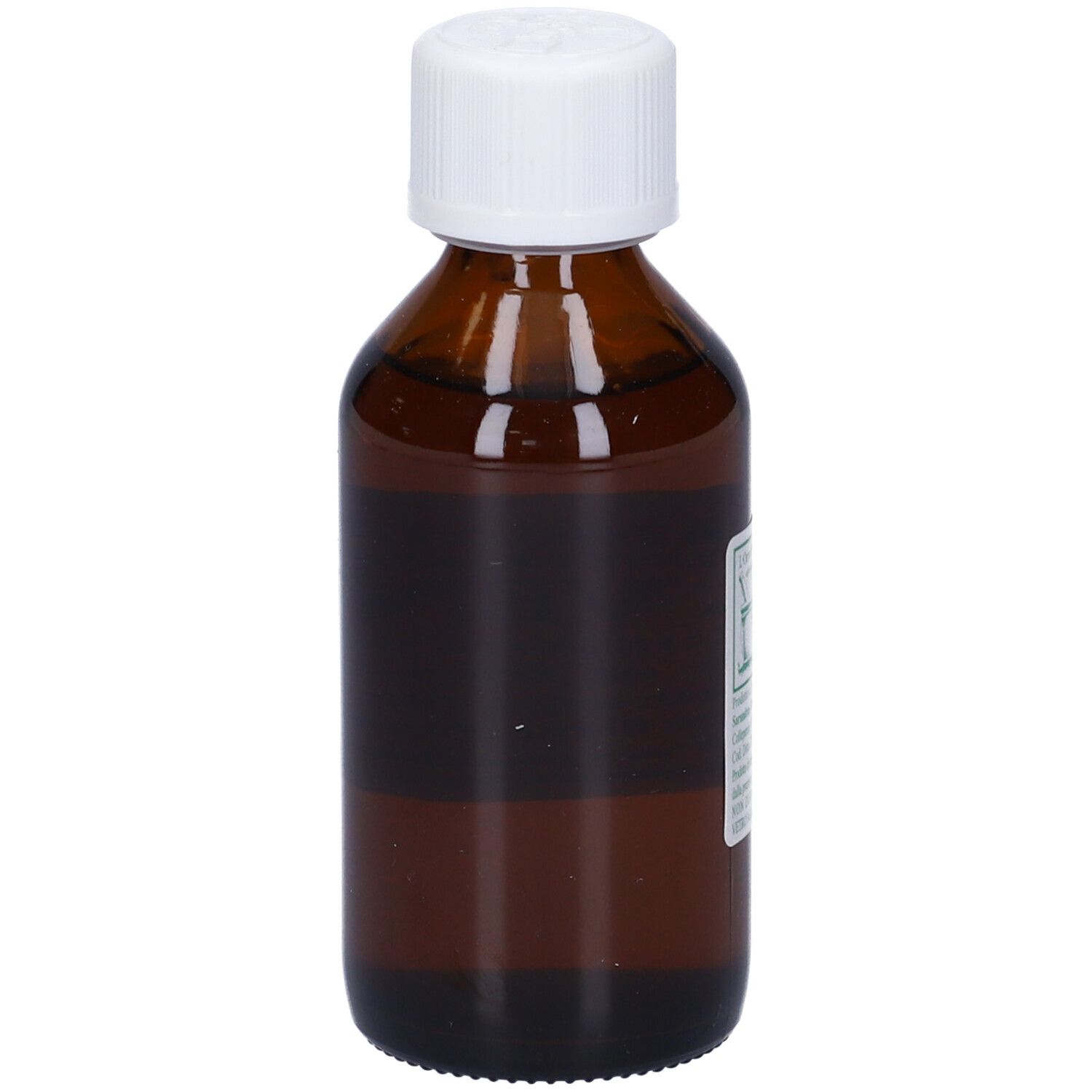 Flacone di vetro marrone con tappo bianco. Etichetta con testo: Avena, soluzione, ingredienti, 100 ml.