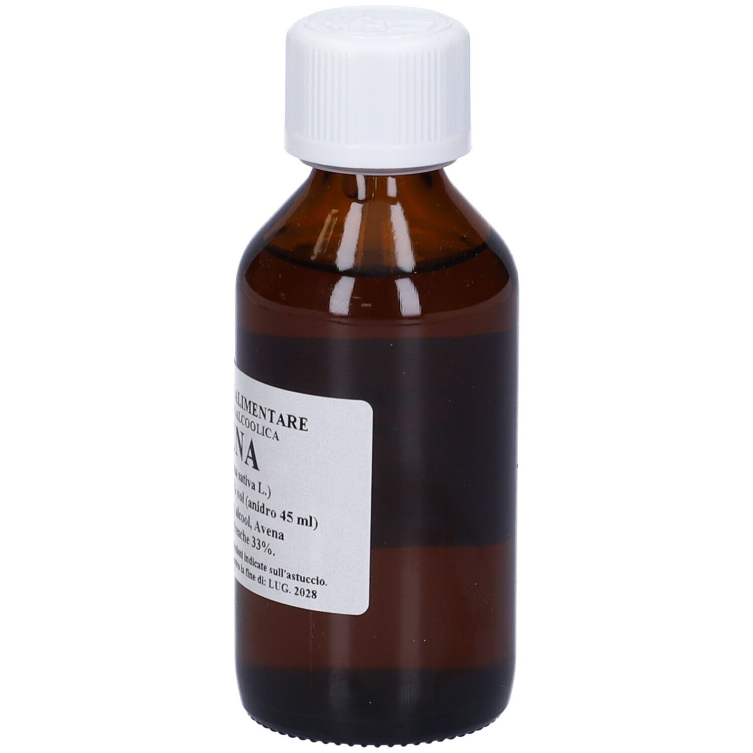 Flacone di vetro marrone con tappo bianco. Etichetta con testo: Avena, soluzione, ingredienti, 100 ml.