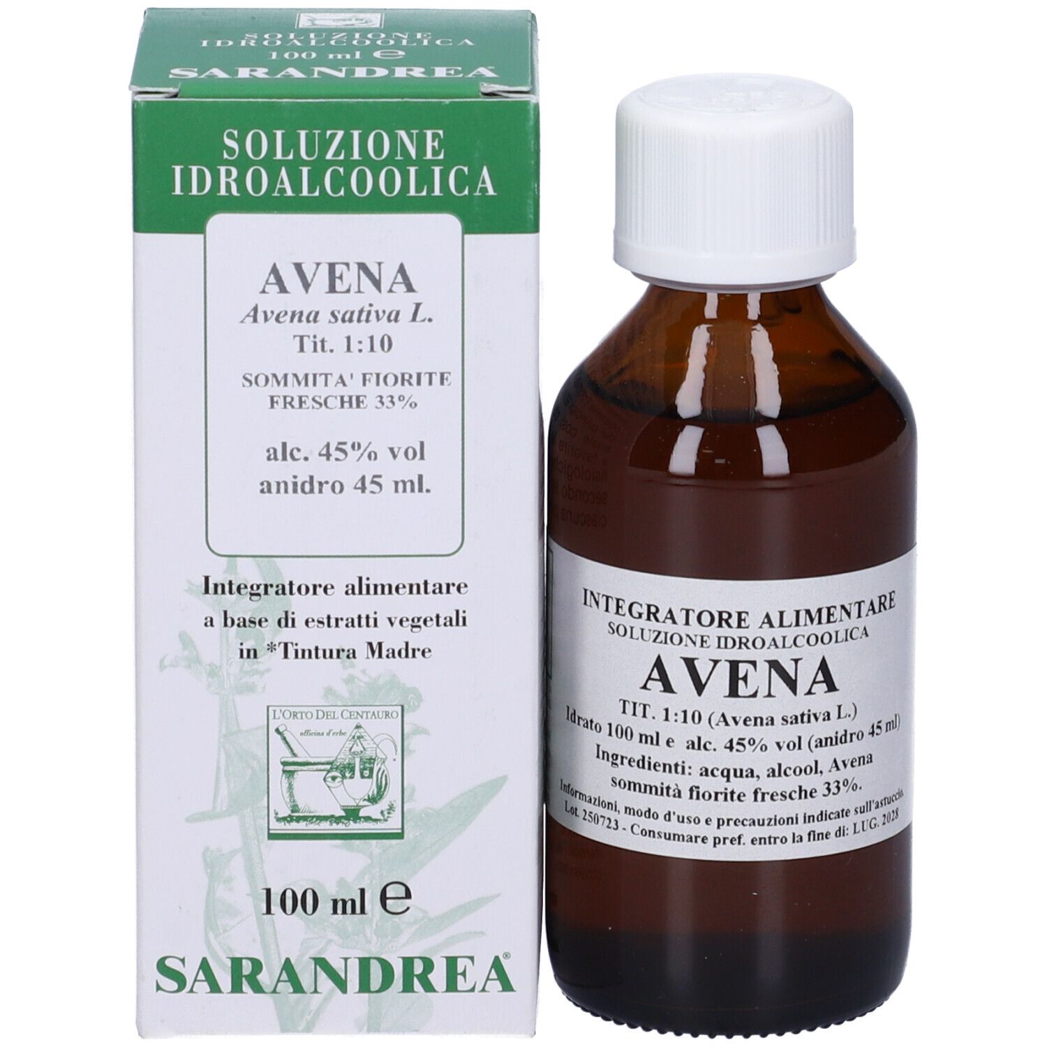 Flacone di vetro marrone con tappo bianco e scatola. L'etichetta dice: Avena, soluzione, 100 ml.