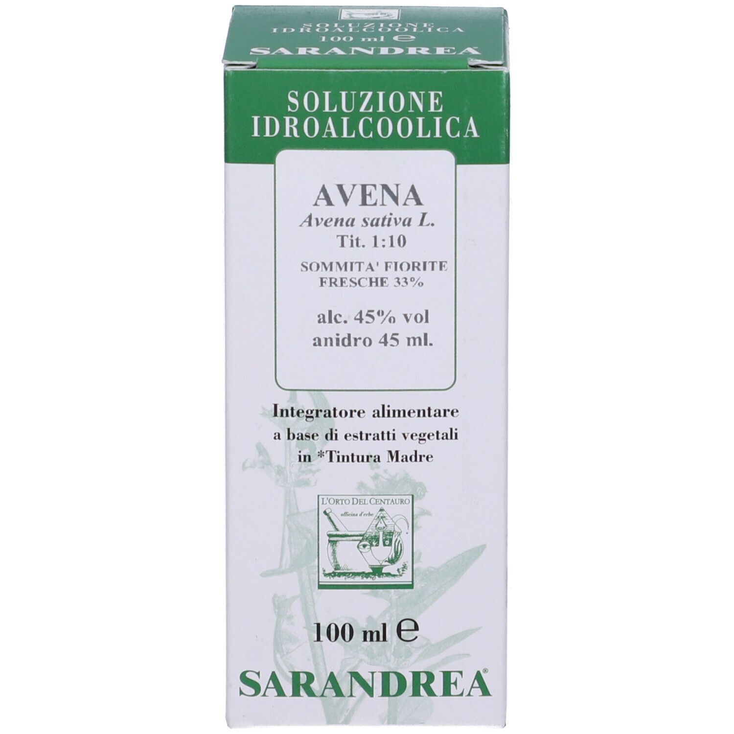 Scatola verde e bianca con testo: Avena, soluzione, 100 ml. Stampa con logo e informazioni sul prodotto.