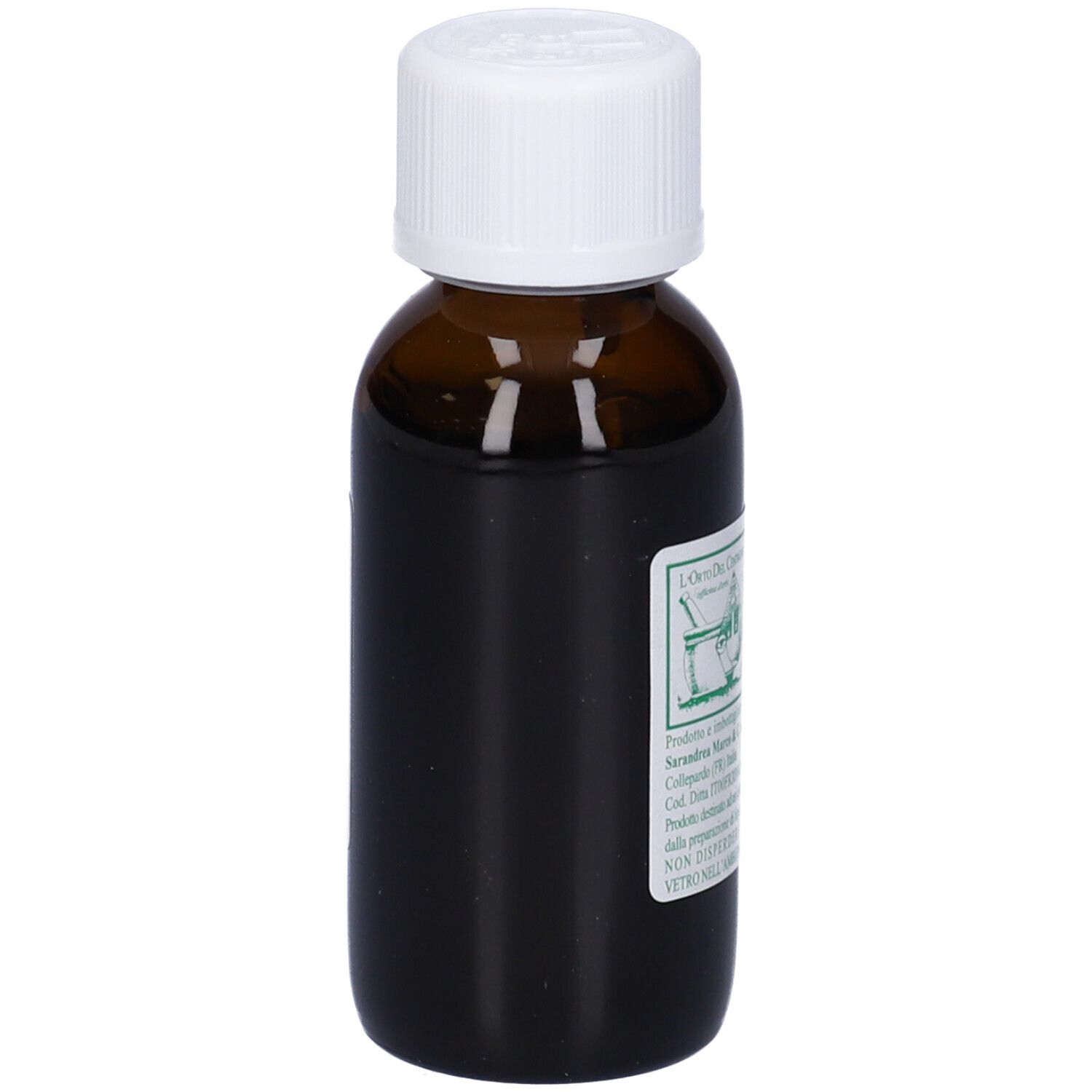 Flacone di vetro marrone con tappo bianco. Etichetta con testo. Nome prodotto: Betulla. Logo del produttore visibile.