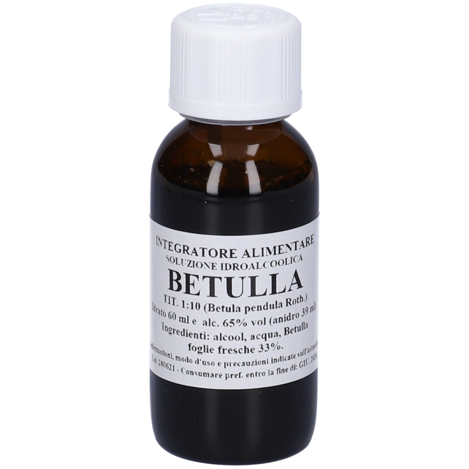 Flacone di vetro marrone con tappo bianco. Etichetta con testo. Nome prodotto: Betulla. Logo del produttore visibile.