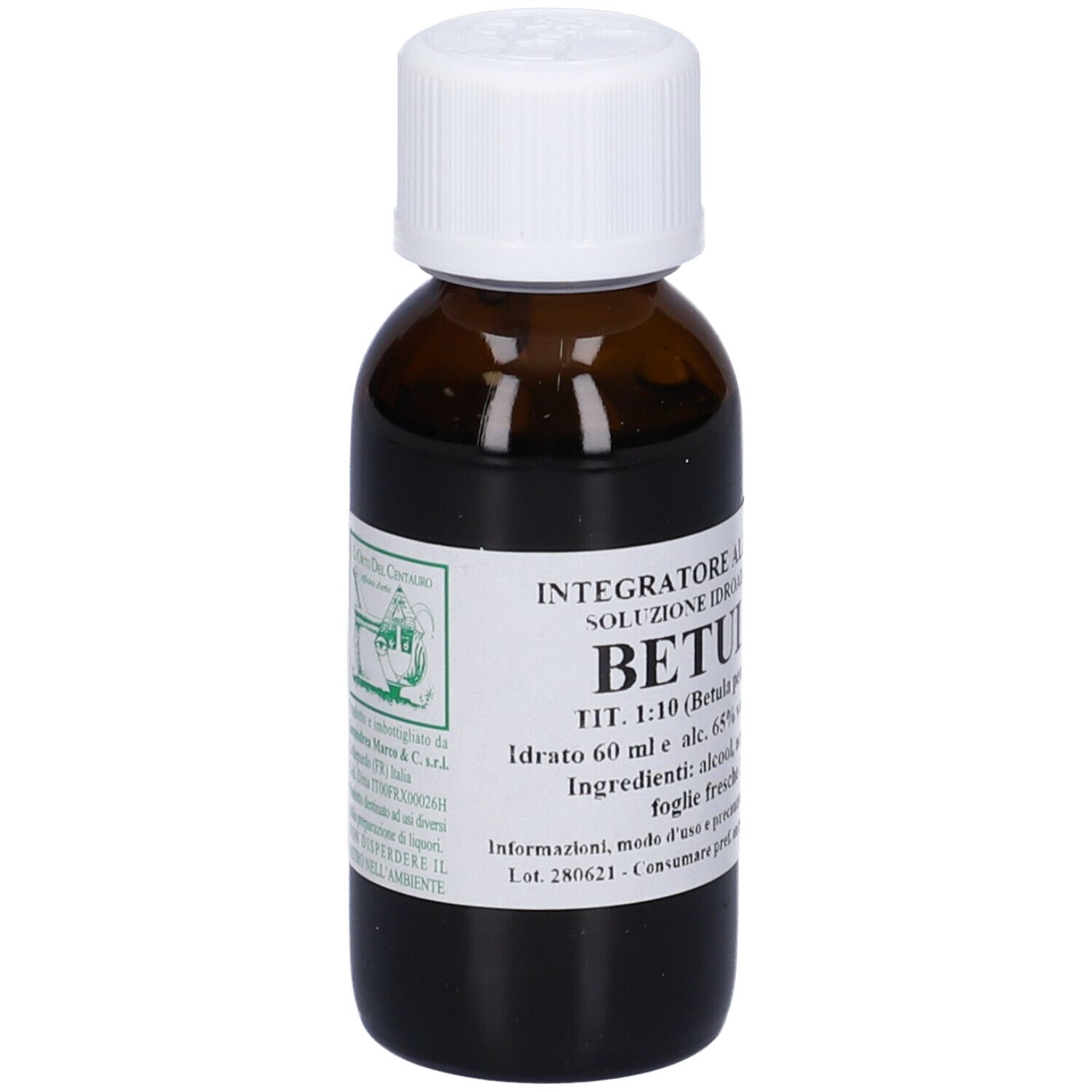 Flacone di vetro marrone con tappo bianco. Etichetta con testo. Nome prodotto: Betulla. Logo del produttore visibile.