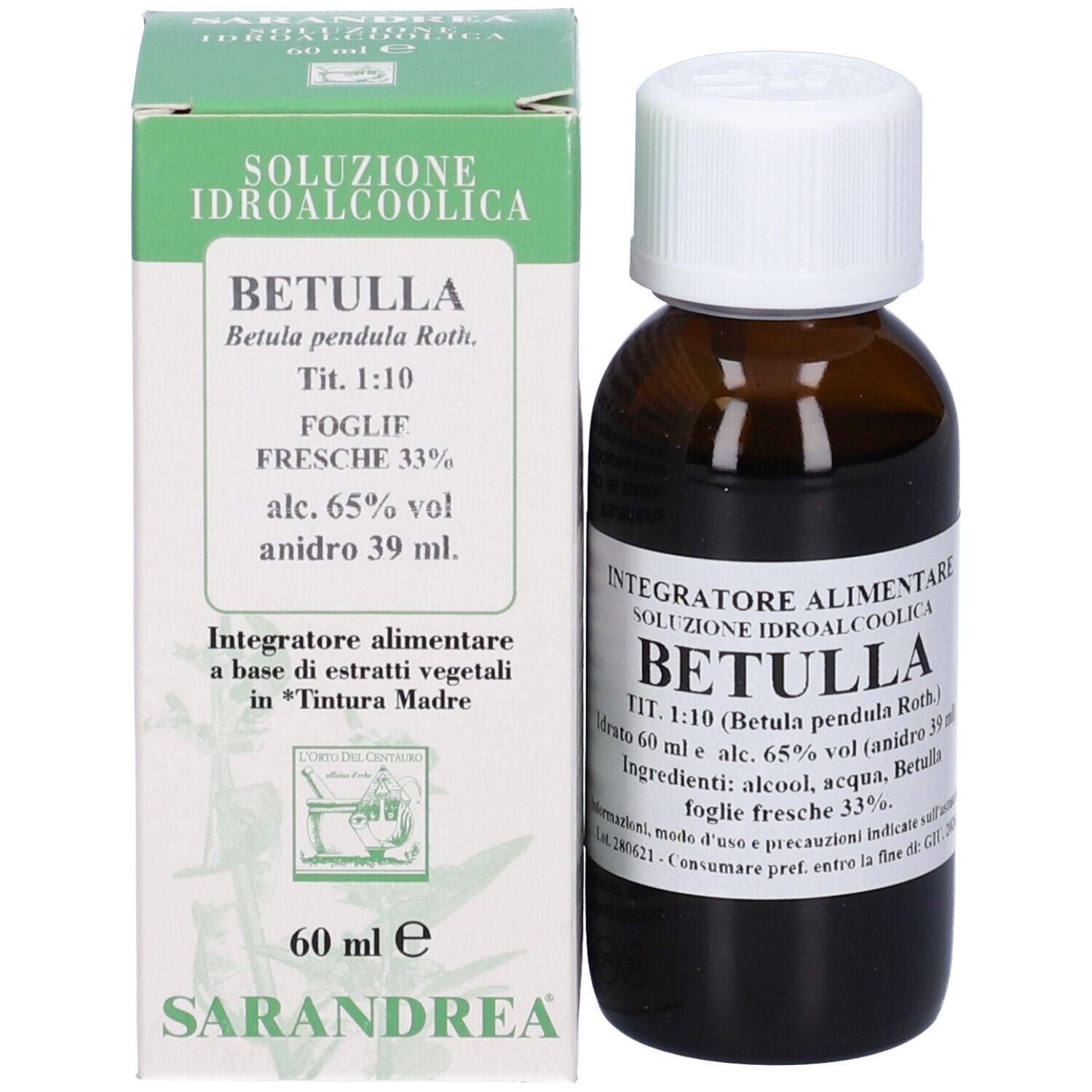 Flacone di vetro marrone con tappo bianco e scatola. Nome prodotto: Betulla. Scatola con testo e logo.