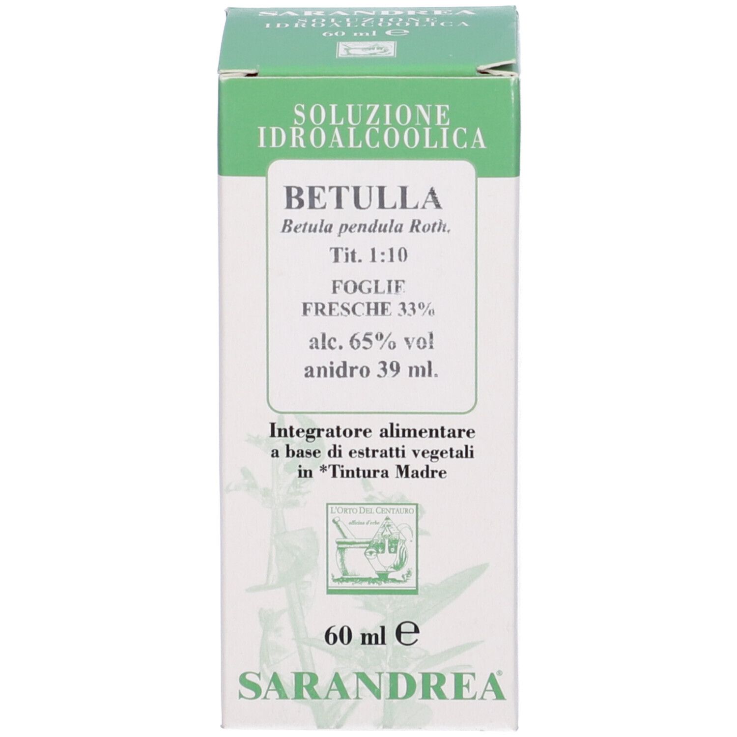Scatola con testo e logo. Nome prodotto: Betulla. Flacone con tappo bianco accanto. 60 ml.