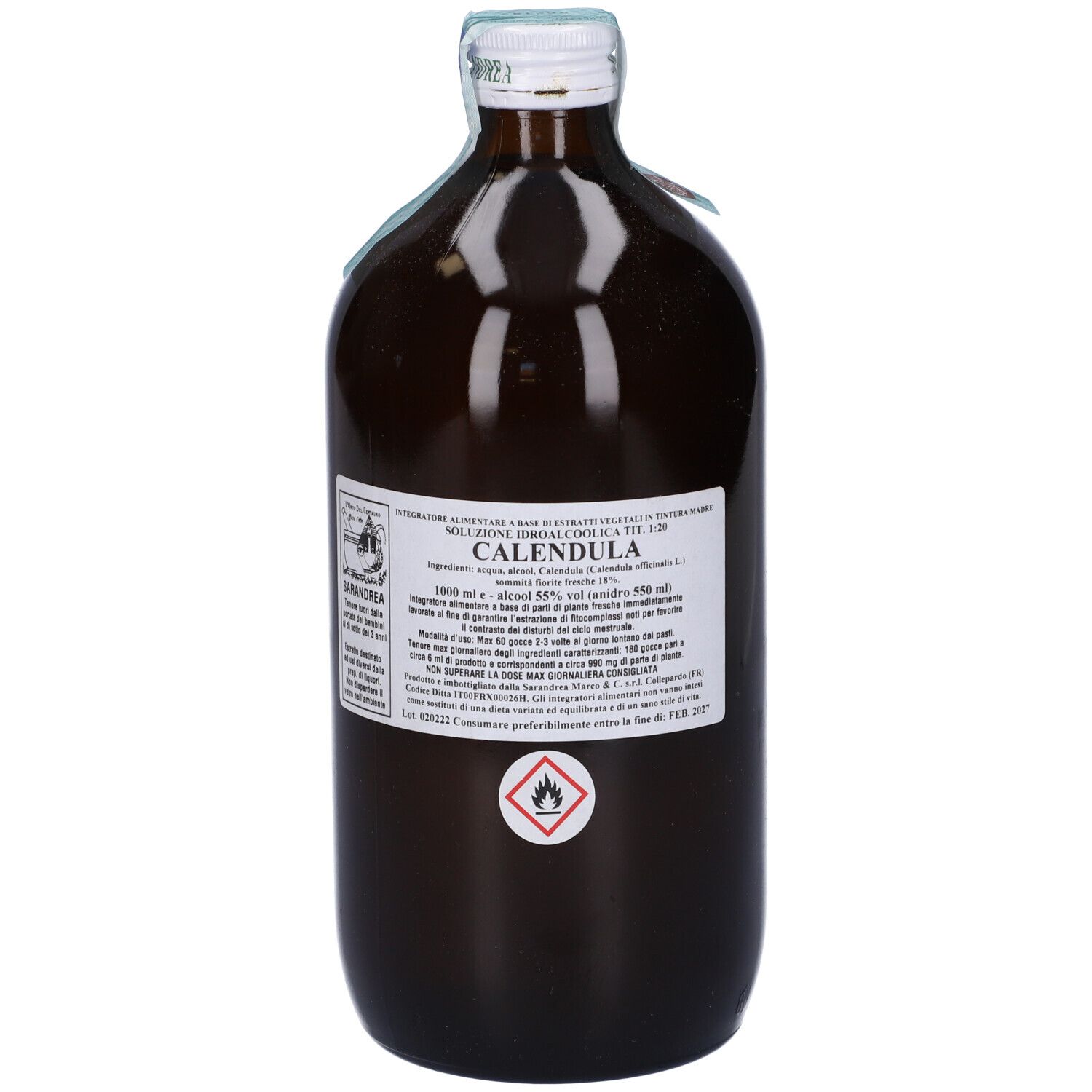 Flacone di vetro marrone con tappo bianco ed etichetta. L'etichetta dice "Calendula".