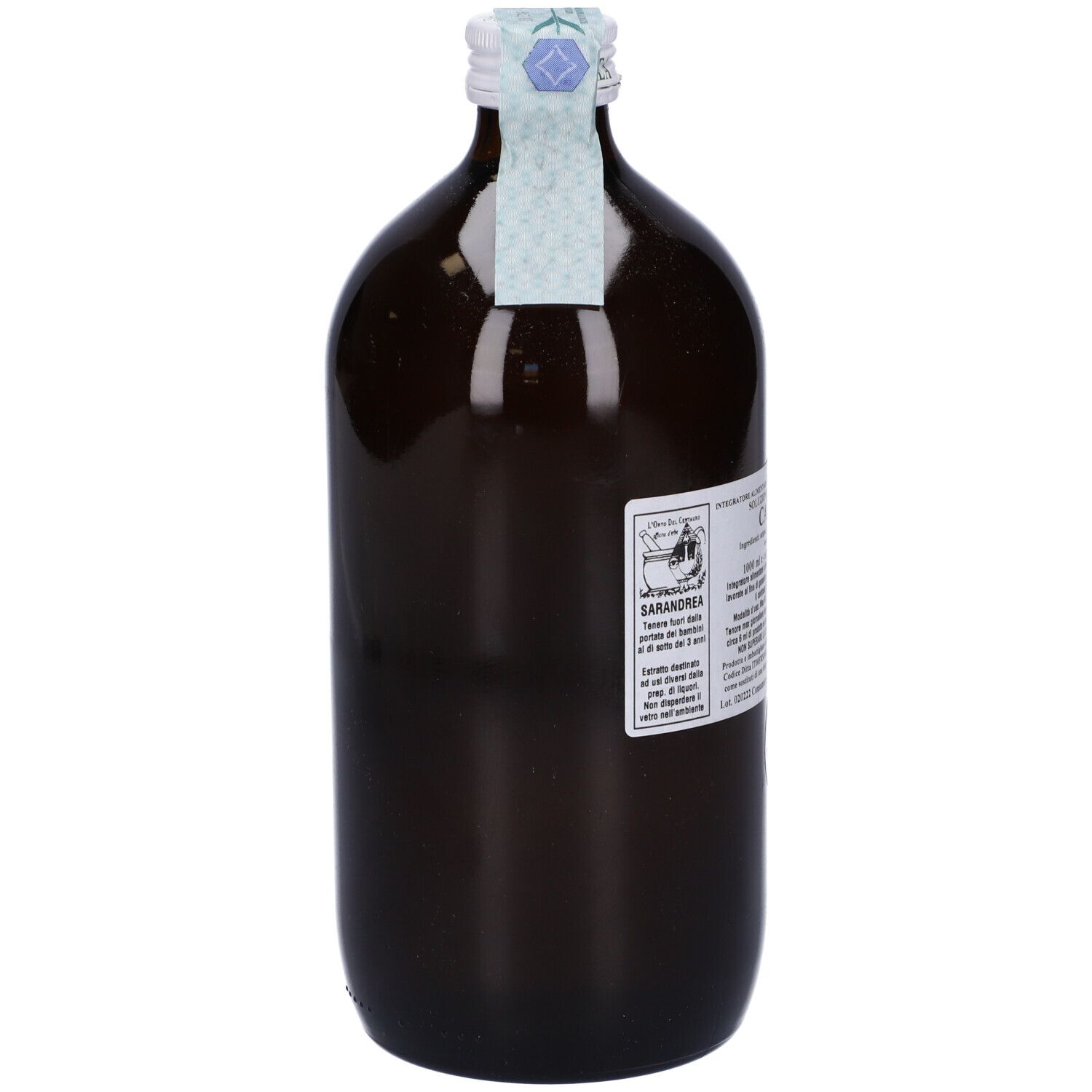 Flacone di vetro marrone con tappo bianco ed etichetta. L'etichetta dice "Calendula".