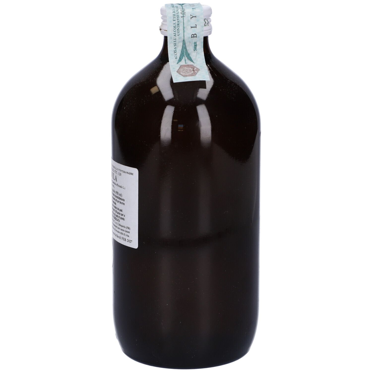 Flacone di vetro marrone con tappo bianco ed etichetta. L'etichetta dice "Calendula".