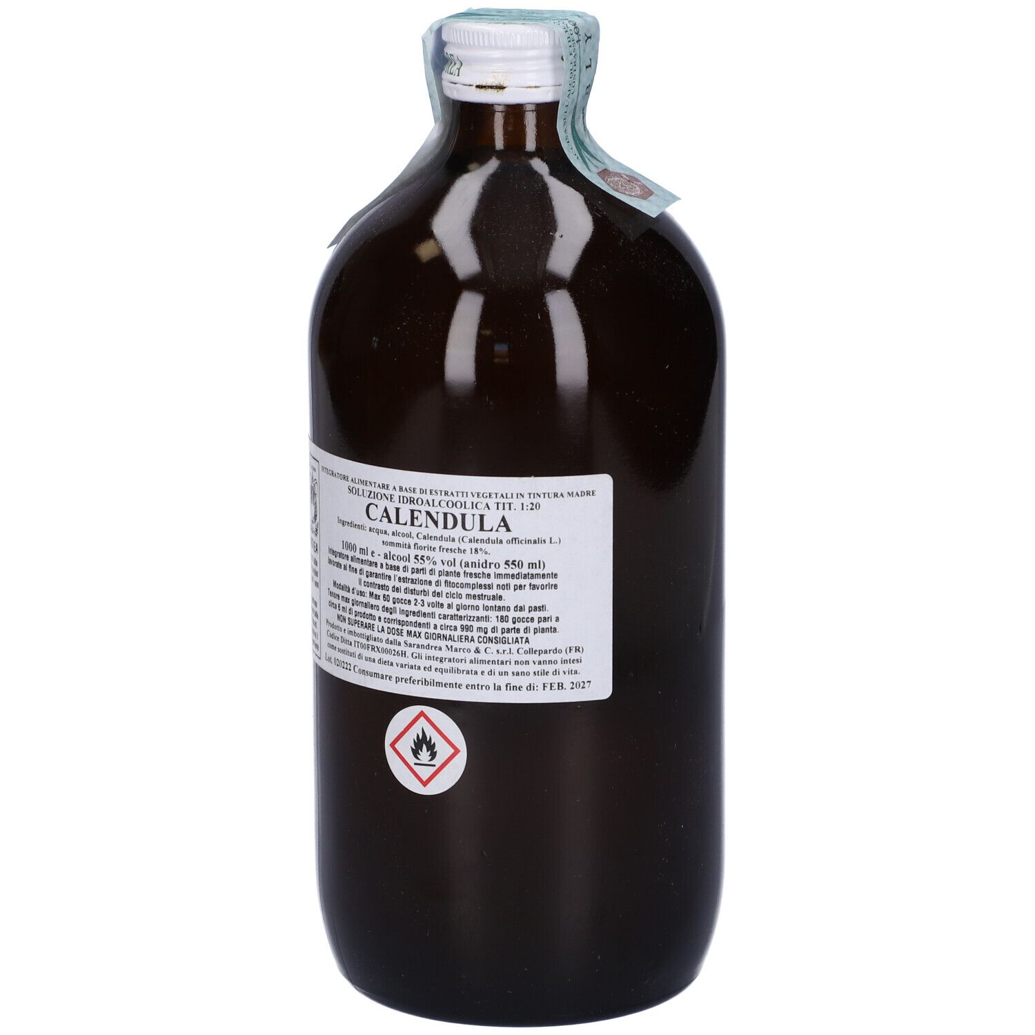 Flacone di vetro marrone con tappo bianco ed etichetta. L'etichetta dice "Calendula".