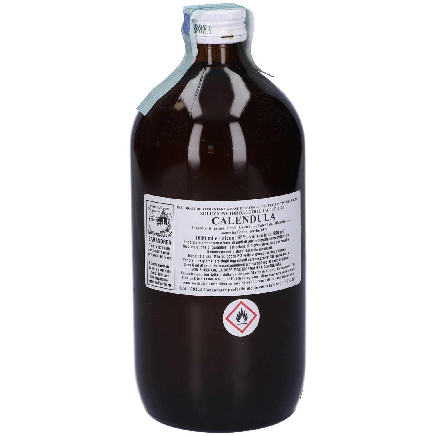 Flacone di vetro marrone con tappo bianco ed etichetta. L'etichetta dice "Calendula".