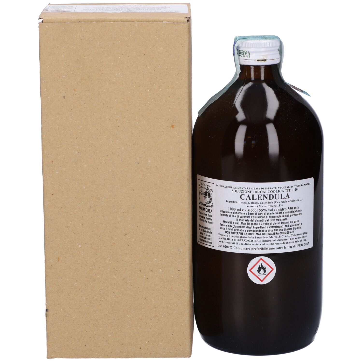 Flacone di vetro marrone con tappo bianco ed etichetta. Accanto, una scatola di cartone marrone.