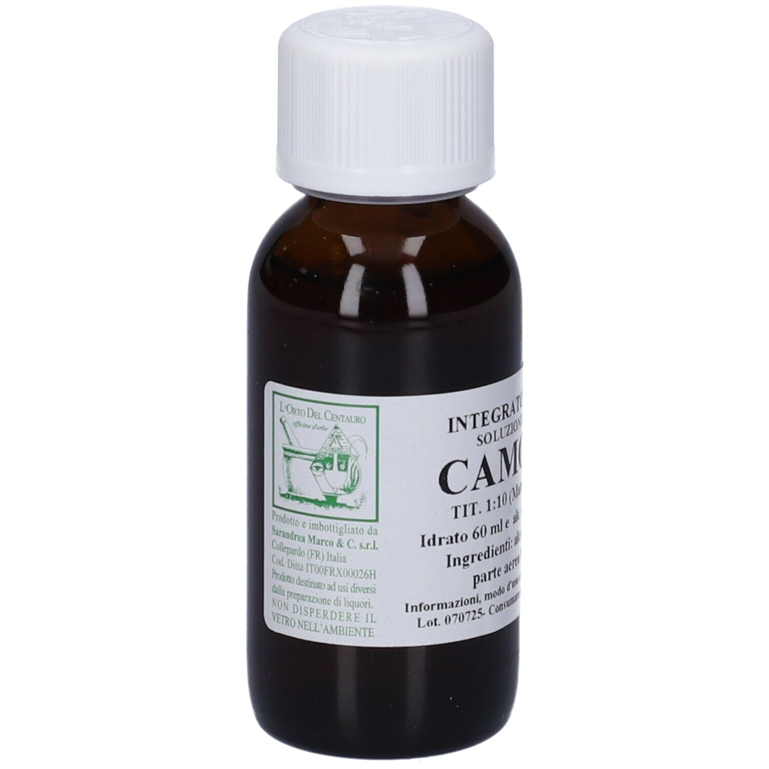 Flacone di vetro marrone con tappo bianco. L'etichetta riporta "CAMOMILLA" e un logo.