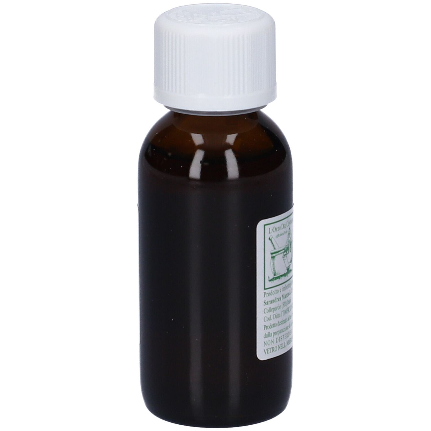 Flacone di vetro marrone con tappo bianco. L'etichetta riporta "CAMOMILLA" e un logo.