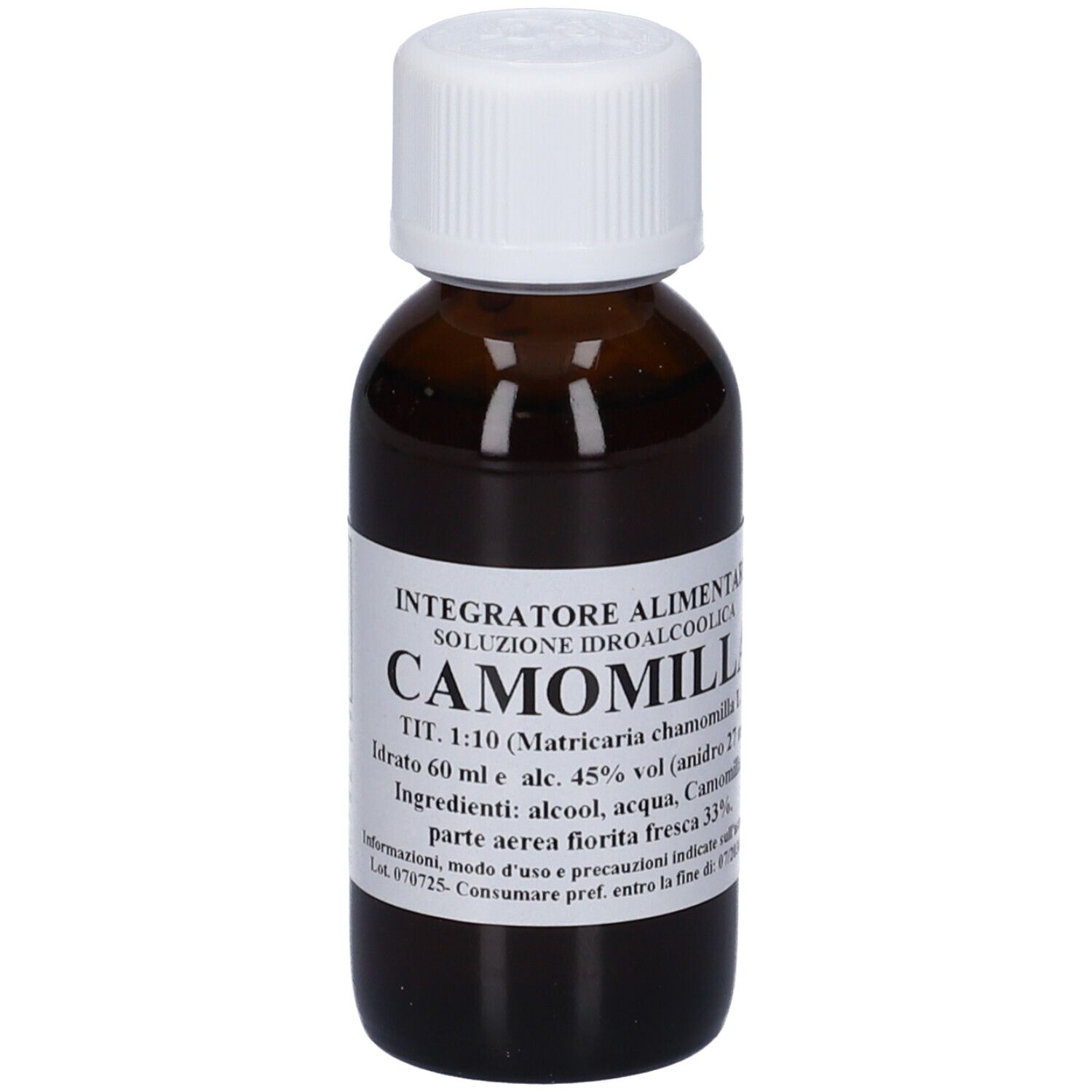 Flacone di vetro marrone con tappo bianco. L'etichetta riporta "CAMOMILLA" e altre informazioni.