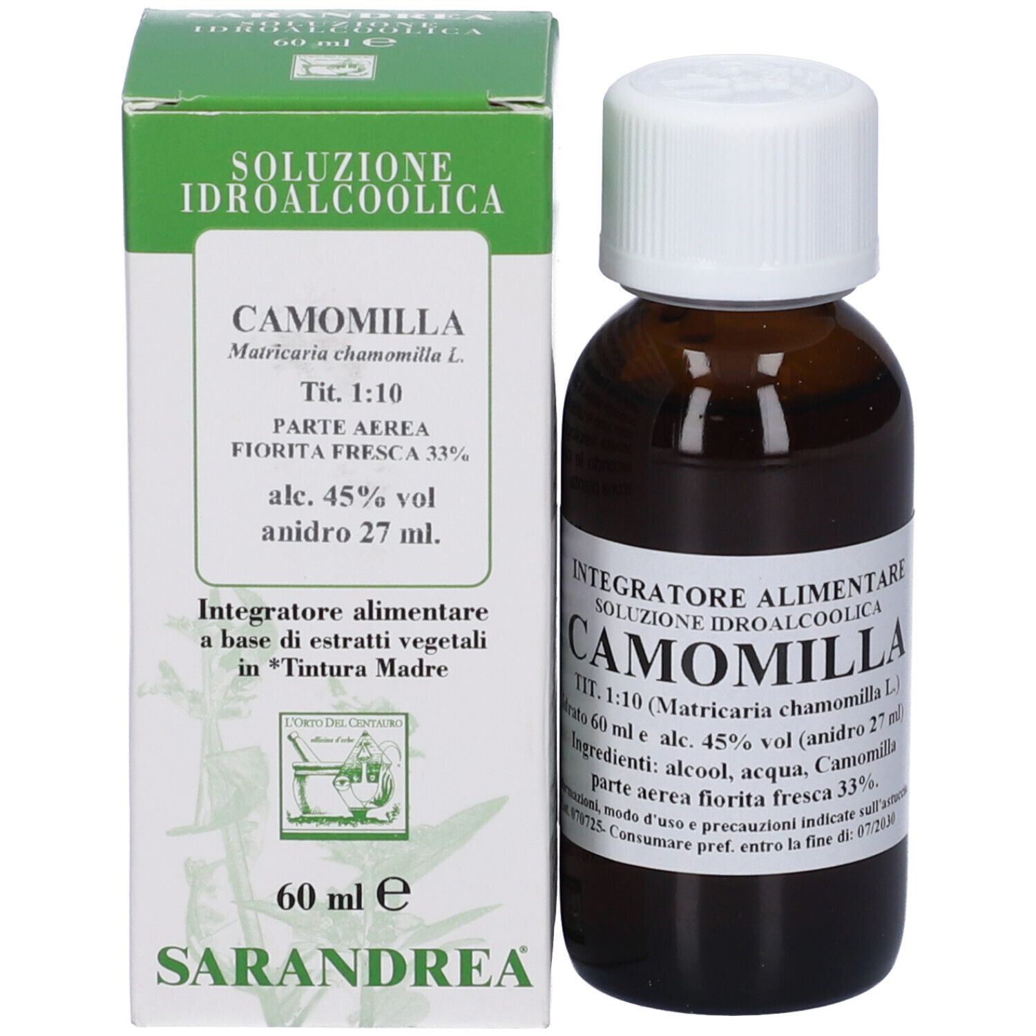 Flacone di vetro marrone con tappo bianco e una scatola verde. Sul flacone c'è scritto "CAMOMILLA".