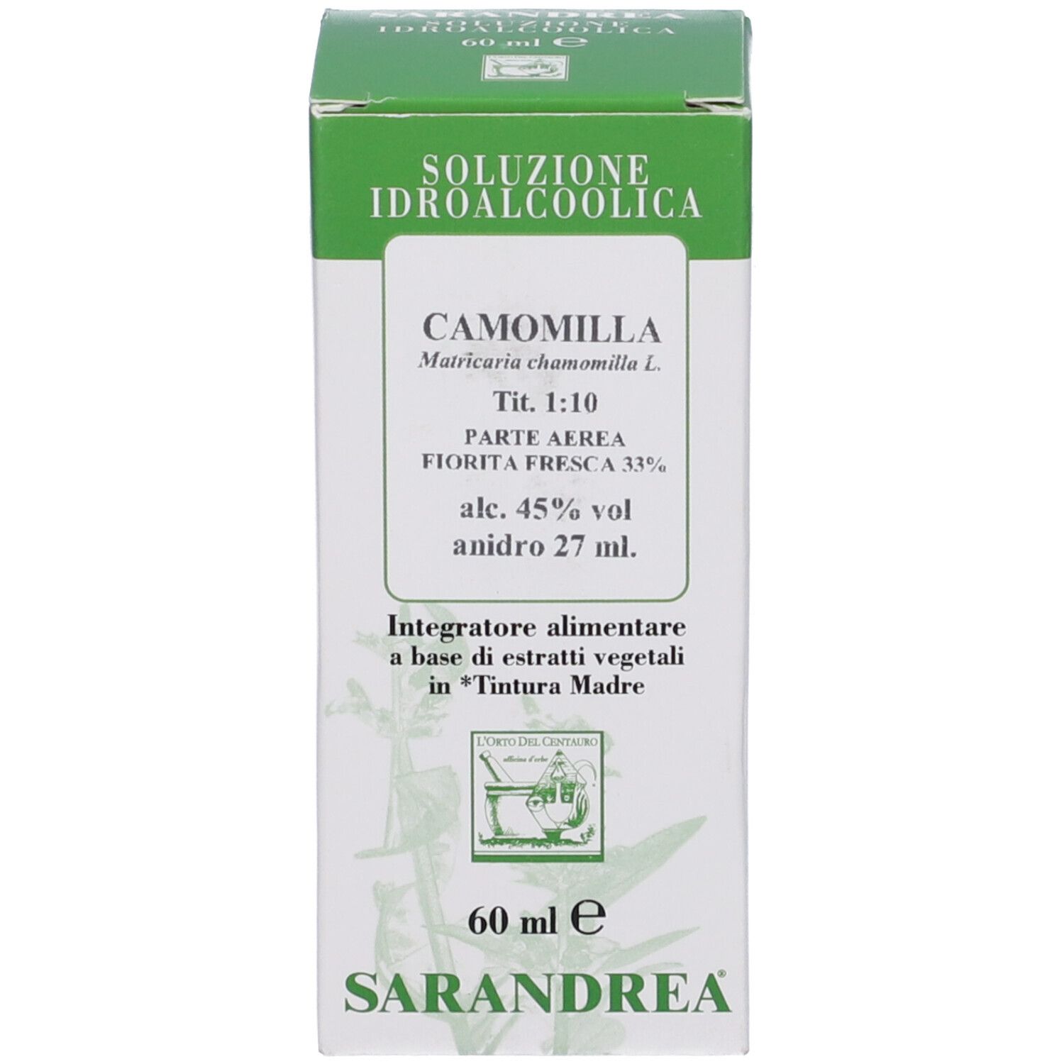 Scatola verde con testo. Sulla scatola c'è scritto "CAMOMILLA" e altre informazioni.