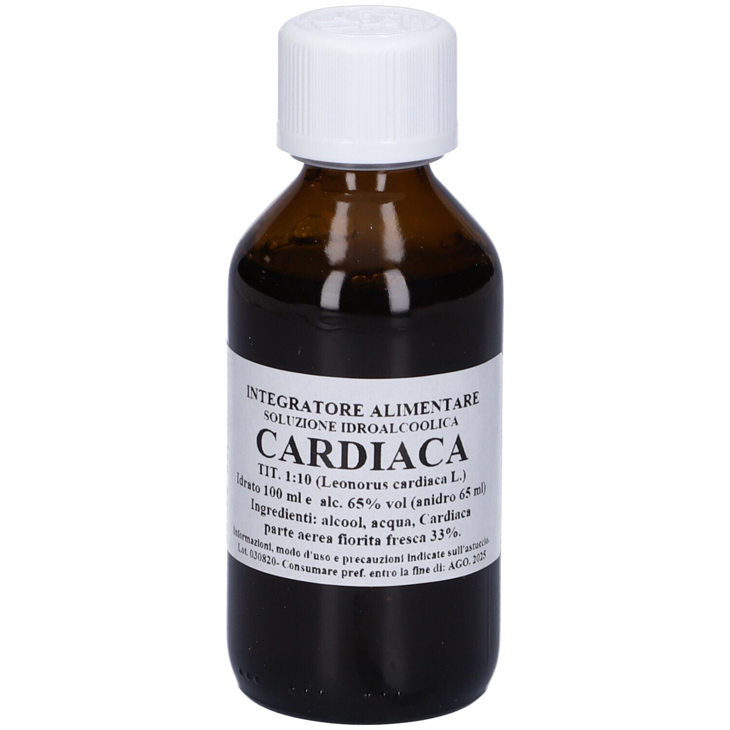 Flacone di vetro marrone con tappo bianco. Etichetta con testo. Nome del prodotto: Cardiaca. Logo del produttore visibile.